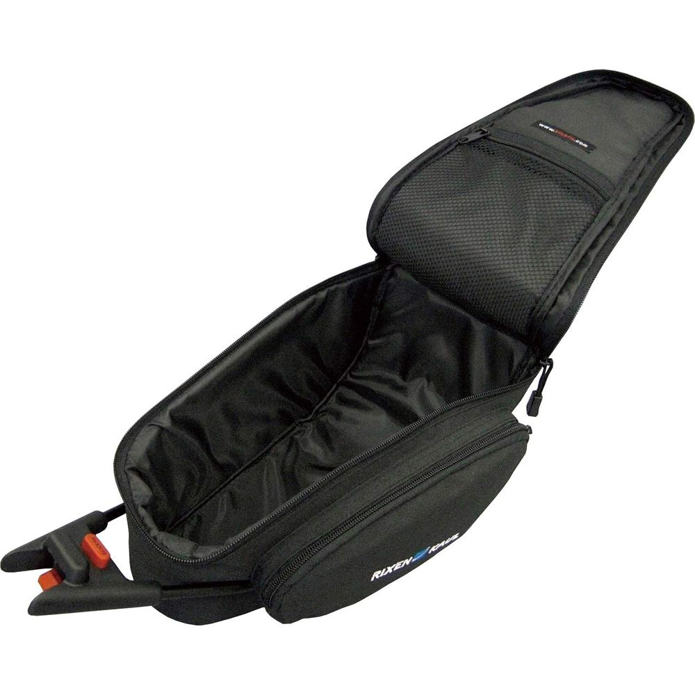 Sacoche de vélo noire ouverte avec poche en filet et logo Rixen Kaul.