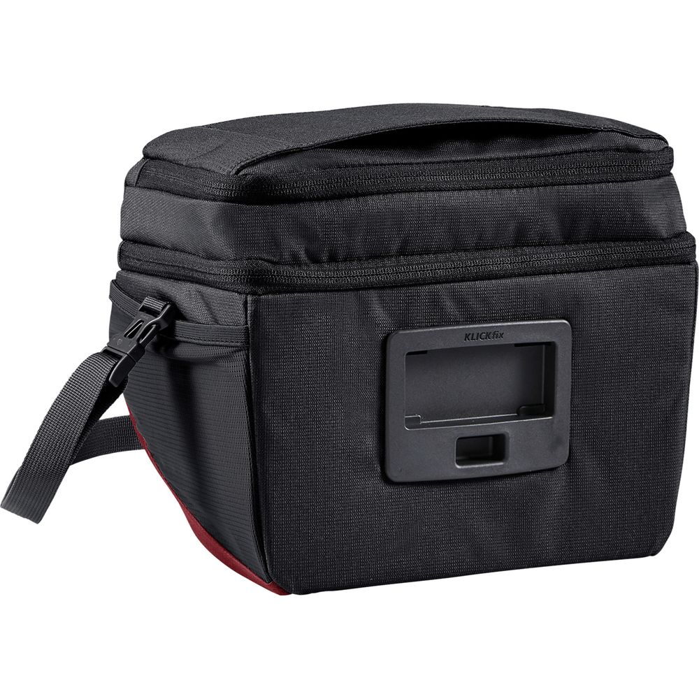 Sacoche de vélo noire avec fond rouge et fixation Klickfix.
