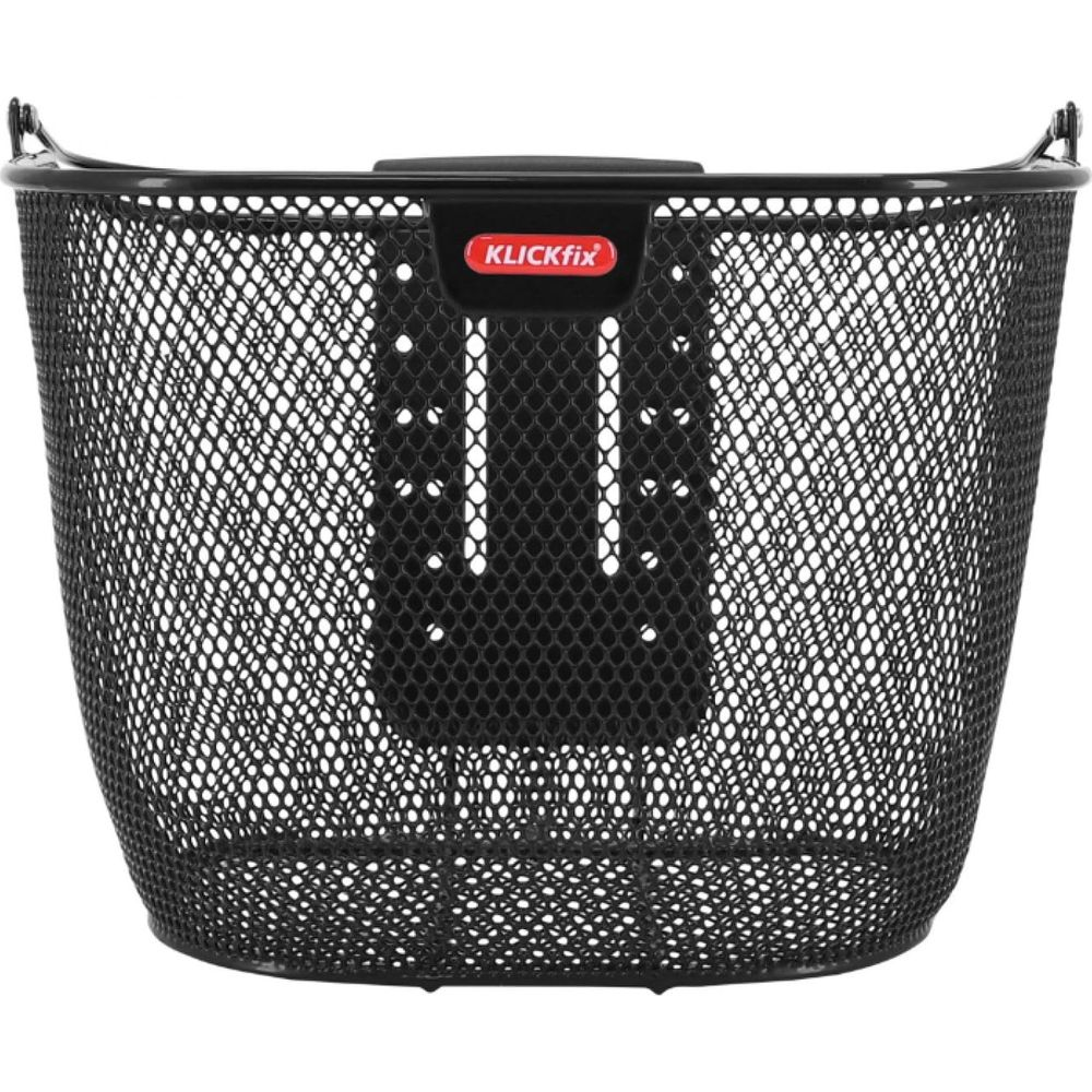 Cesto nero per bicicletta in rete metallica con logo rosso KLICKfix. Sfondo bianco.