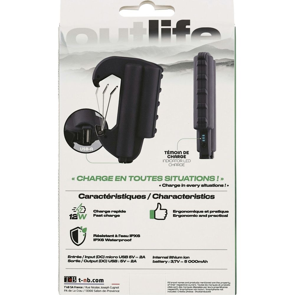 Boîtier noir de power bank Outlife avec port USB-A et indicateur de charge.