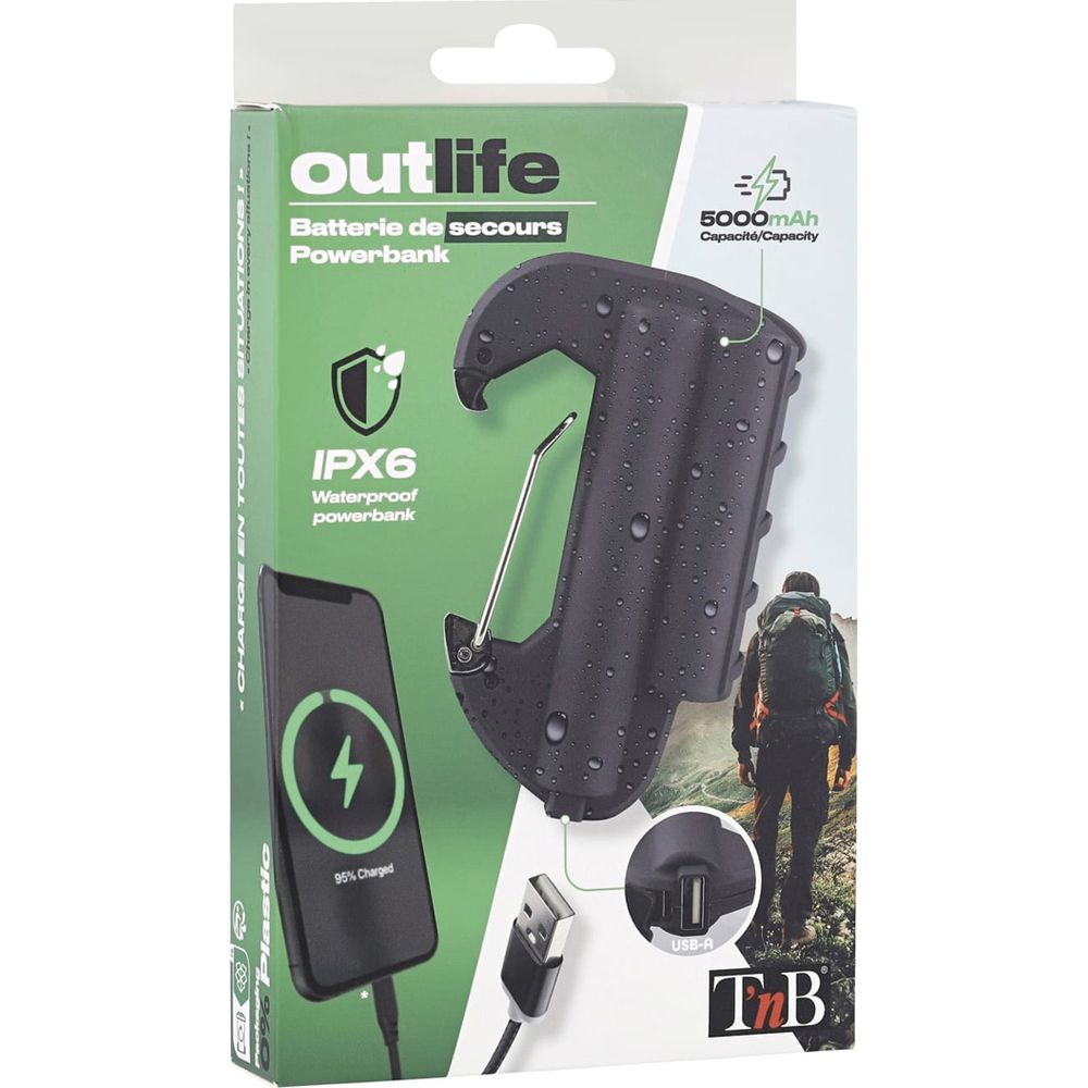 Batterie externe Outlife, étanche IPX6, 5000mAh, charge un téléphone.