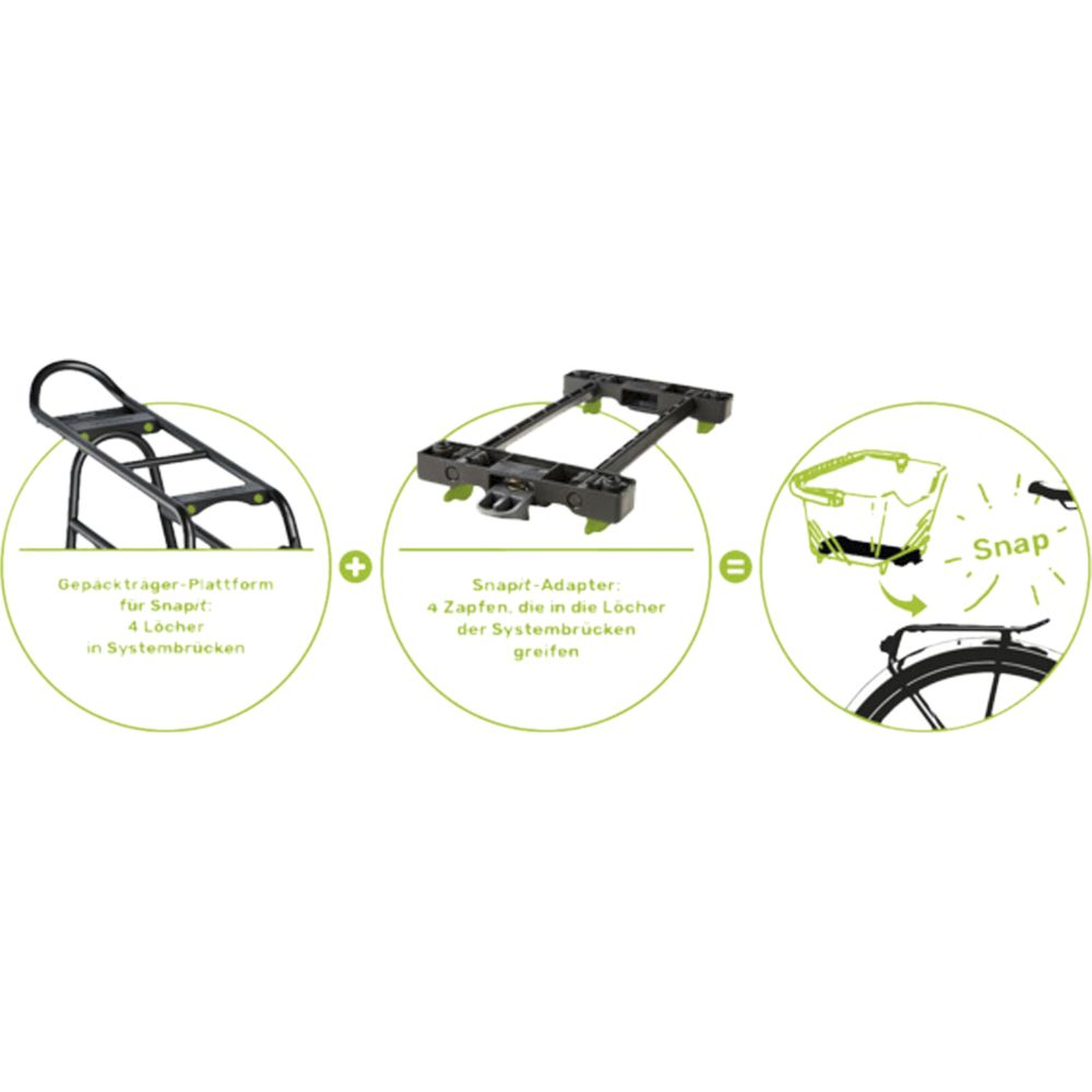 L'image montre un porte-bagages, un adaptateur et un panier de vélo pour le système Snapit.