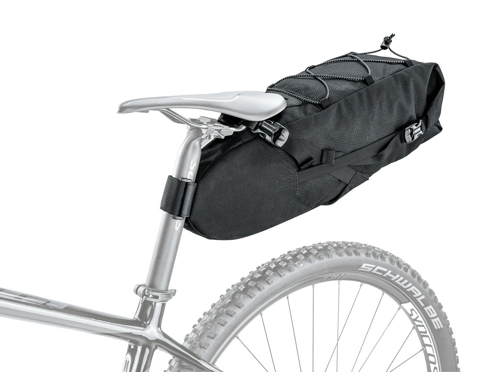 Sacoche de selle de vélo noire avec boucles et cordon élastique, fixée à un vélo.