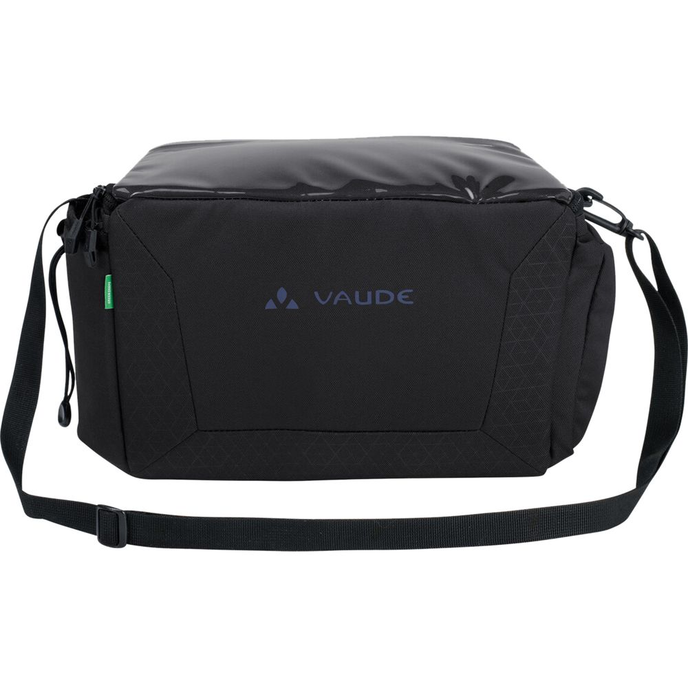 Sac noir Vaude avec une sangle et un dessus brillant.