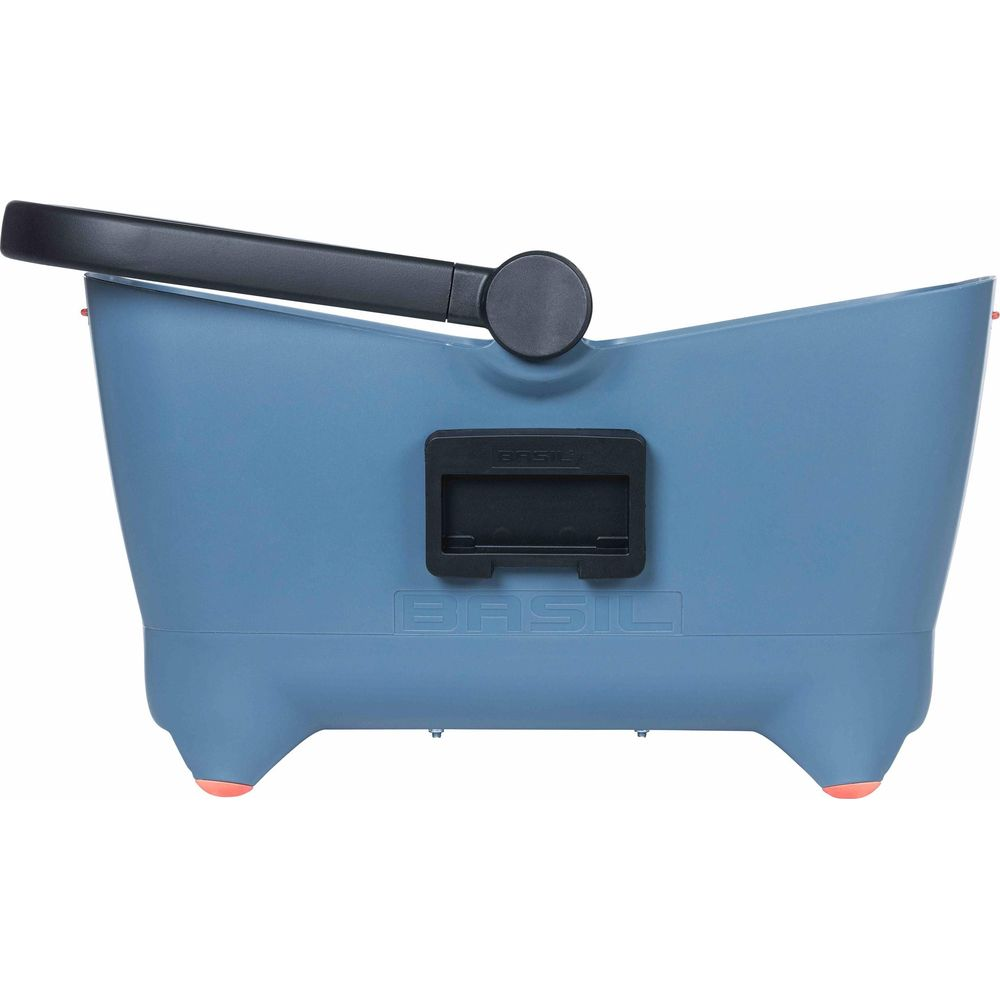 Eine blaue Fahrradkorbtasche mit schwarzem Griff und orangen Füßen.