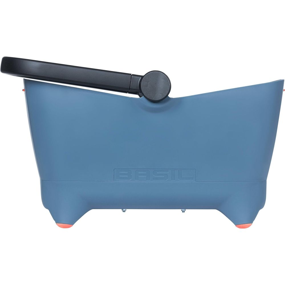 Blaue Fahrradtasche mit schwarzem Griff und orangefarbenen Füßen.