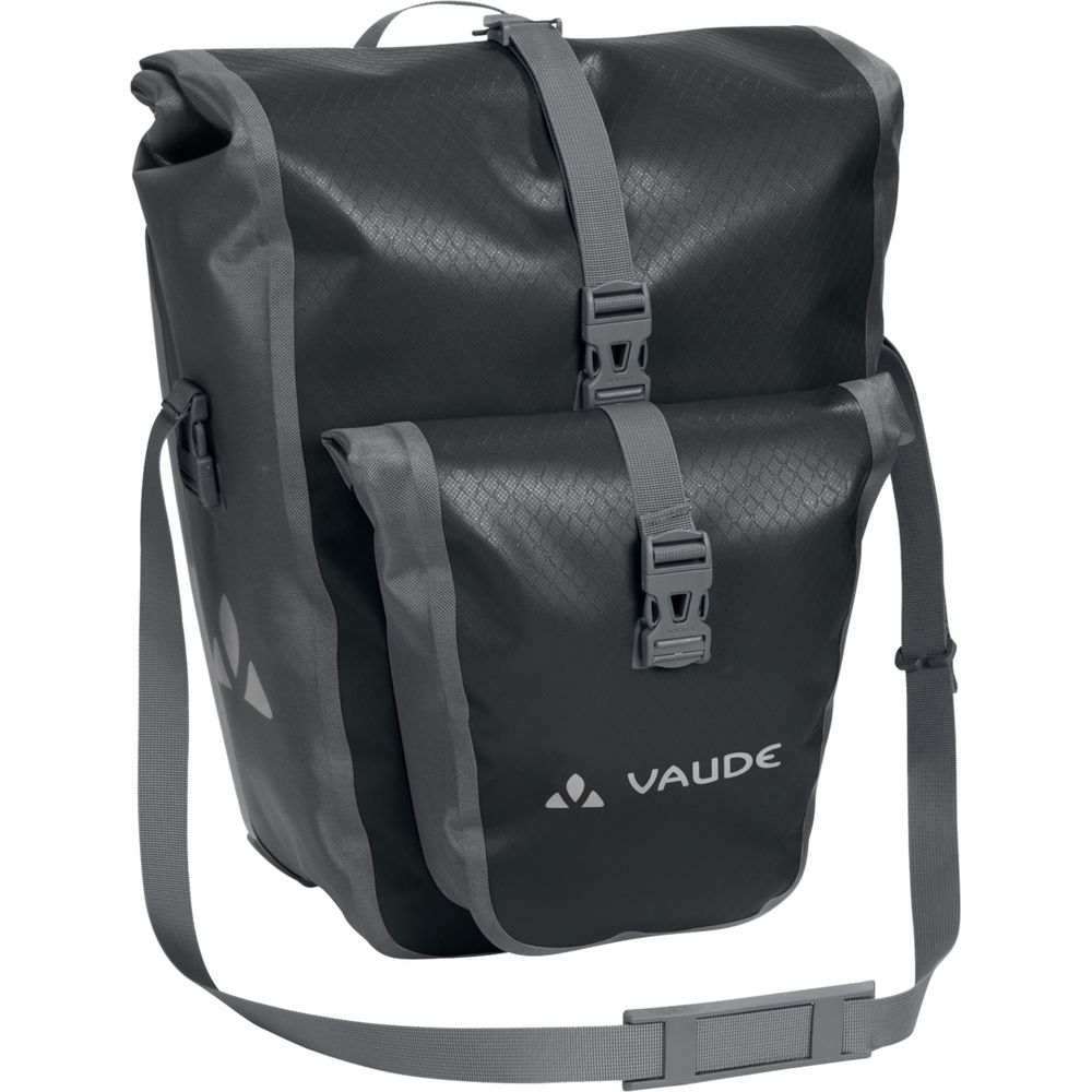 Sacoche de vélo Vaude gris foncé à deux compartiments et boucles.