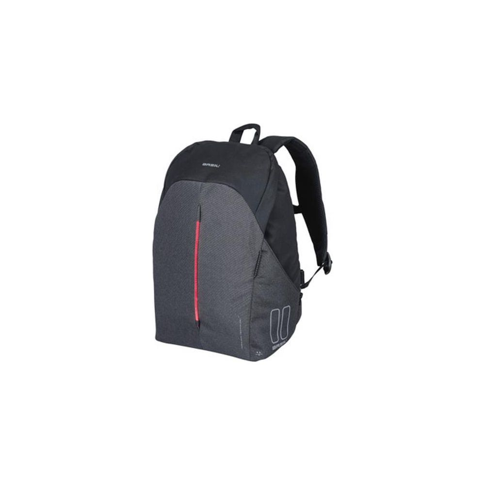 Ein schwarzer Rucksack mit grauem Stoff und rotem Streifen.