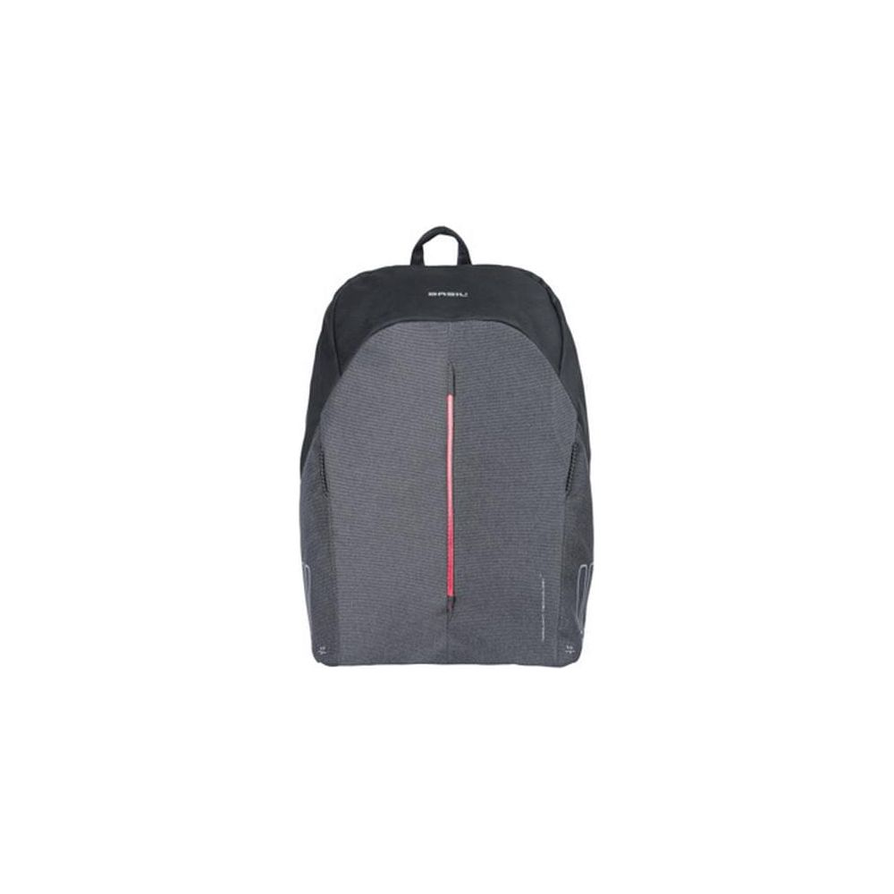 Ein grauer Rucksack mit schwarzem Oberteil und rotem Streifen.