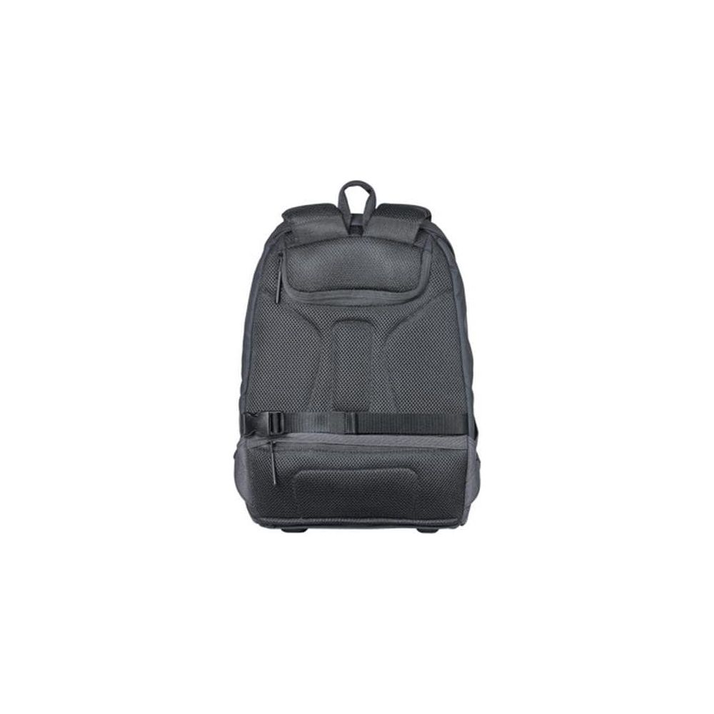 Rückansicht eines schwarzen Rucksacks mit gepolsterten Trägern und mehreren Reißverschlusstaschen.