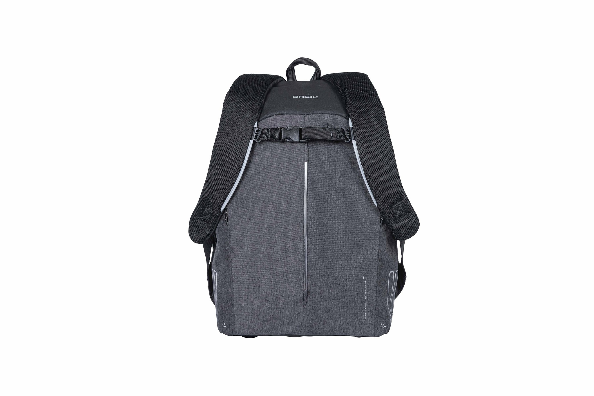 Rückseite eines grauen Rucksacks mit schwarzen Gurten und Schnalle.