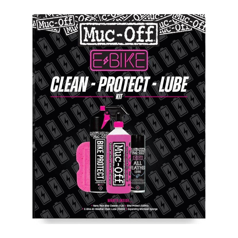 Muc-Off E-Bike Clean-Protect-Lube Kit mit Reiniger, Schutz und Schmiermittel.