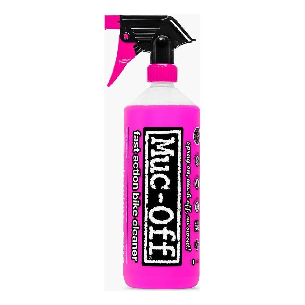 Eine pinke Sprühflasche mit Muc-Off Fahrradreiniger.