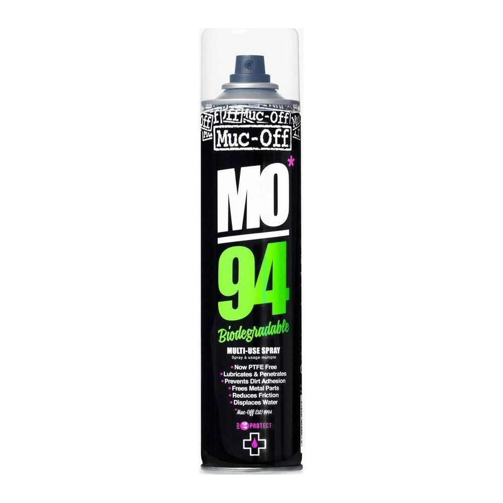 Eine schwarze Sprühdose mit Muc-Off MO 94 Logo. Biodegradierbar.