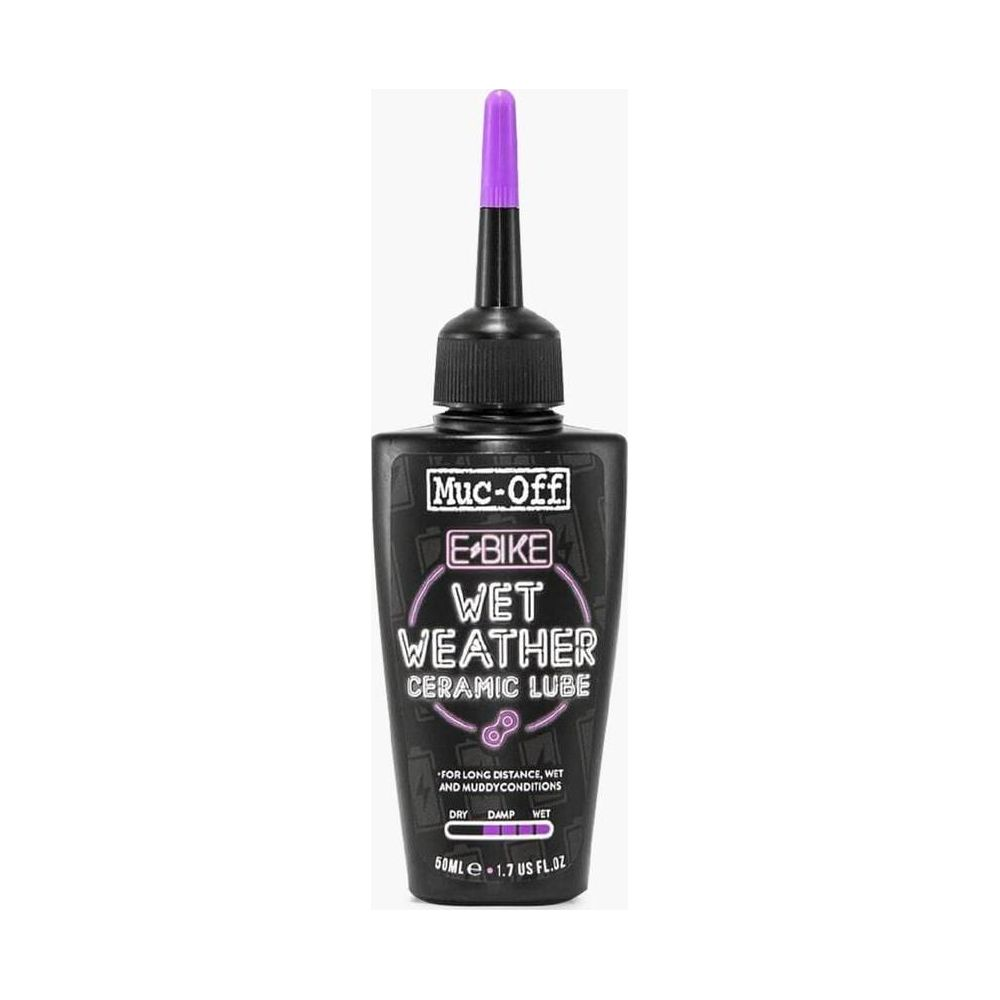 Muc-Off E-Bike Keramikschmiermittel für nasses Wetter, 50ml Flasche mit lila Applikator.