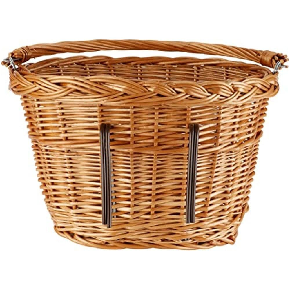Un panier en osier marron avec une anse et des attaches métalliques.