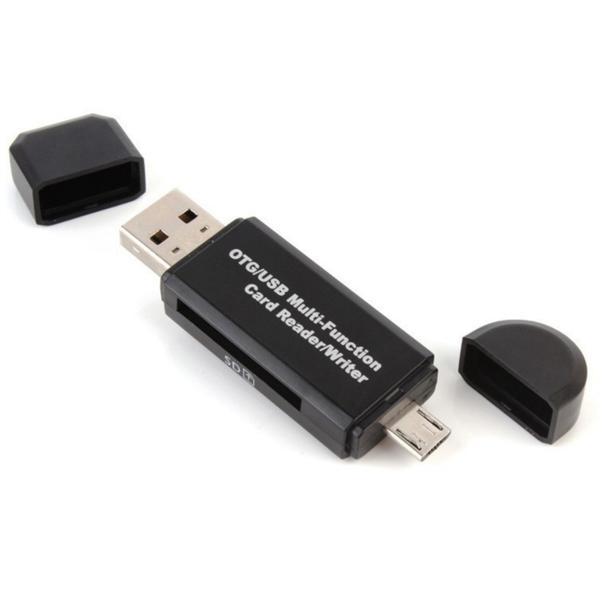 Schwarzer Kartenleser mit USB-A und Micro-USB-Anschluss, SD-Slot.
