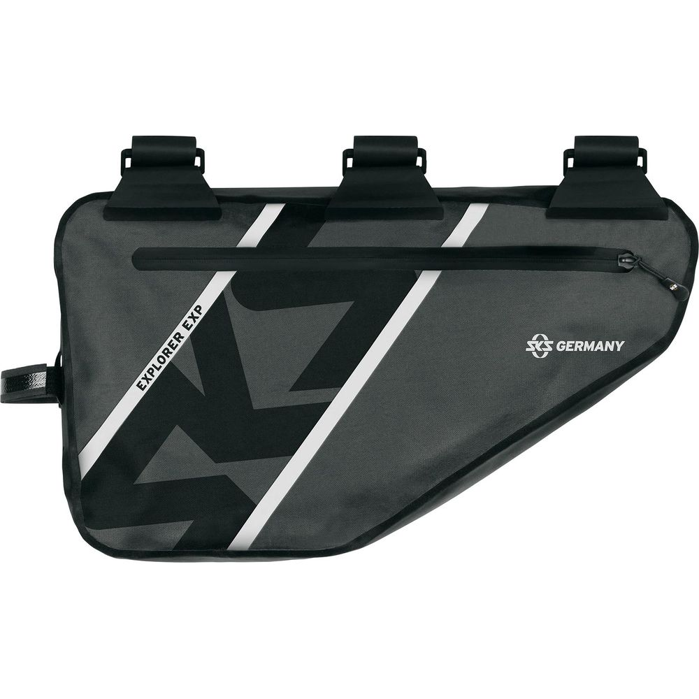 Graue Fahrradtasche mit schwarzen und weißen Streifen, Reißverschluss und Logo.