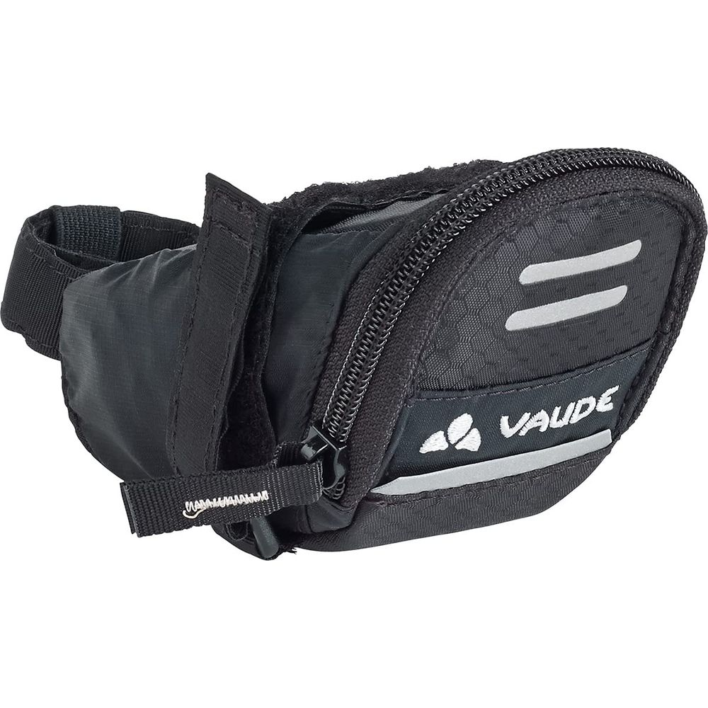 Sacoche de selle VAUDE noire avec bandes réfléchissantes et fermeture zippée.