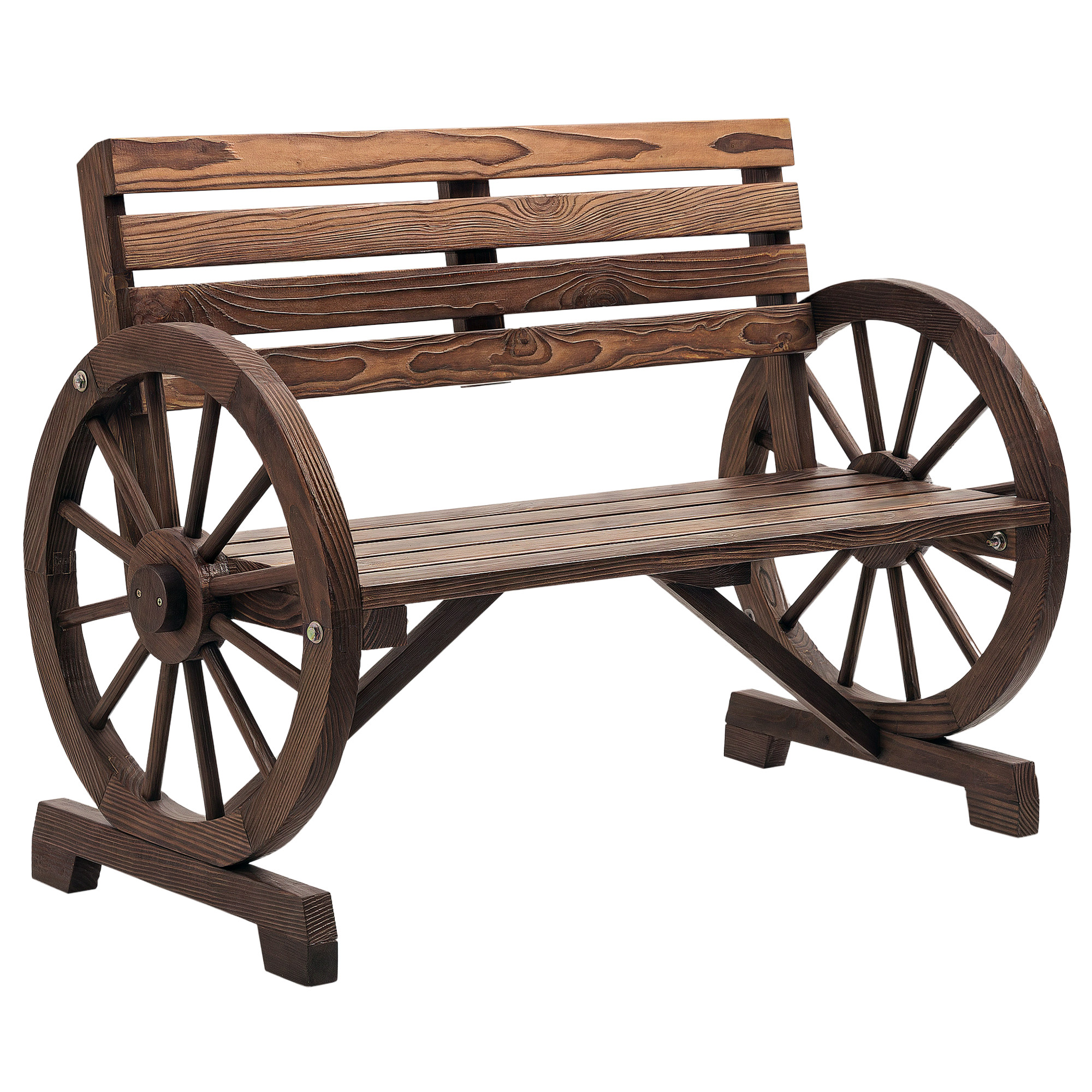 Eine braune Holzbank mit Wagenrädern als Seiten.