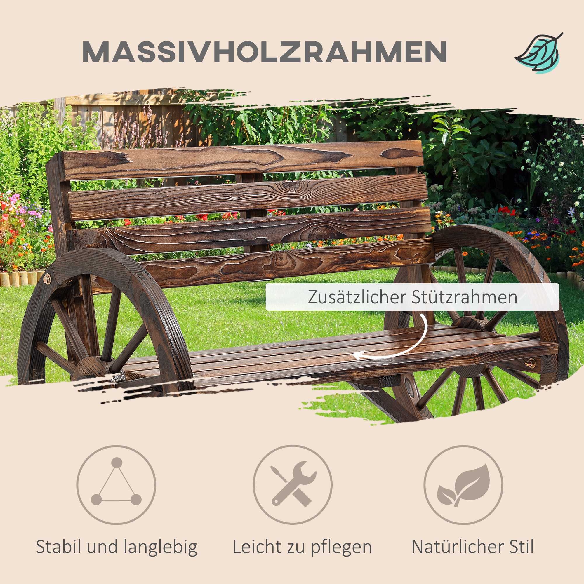 Holzbank mit Rädern im Garten, mit Blumen und Gras im Hintergrund.