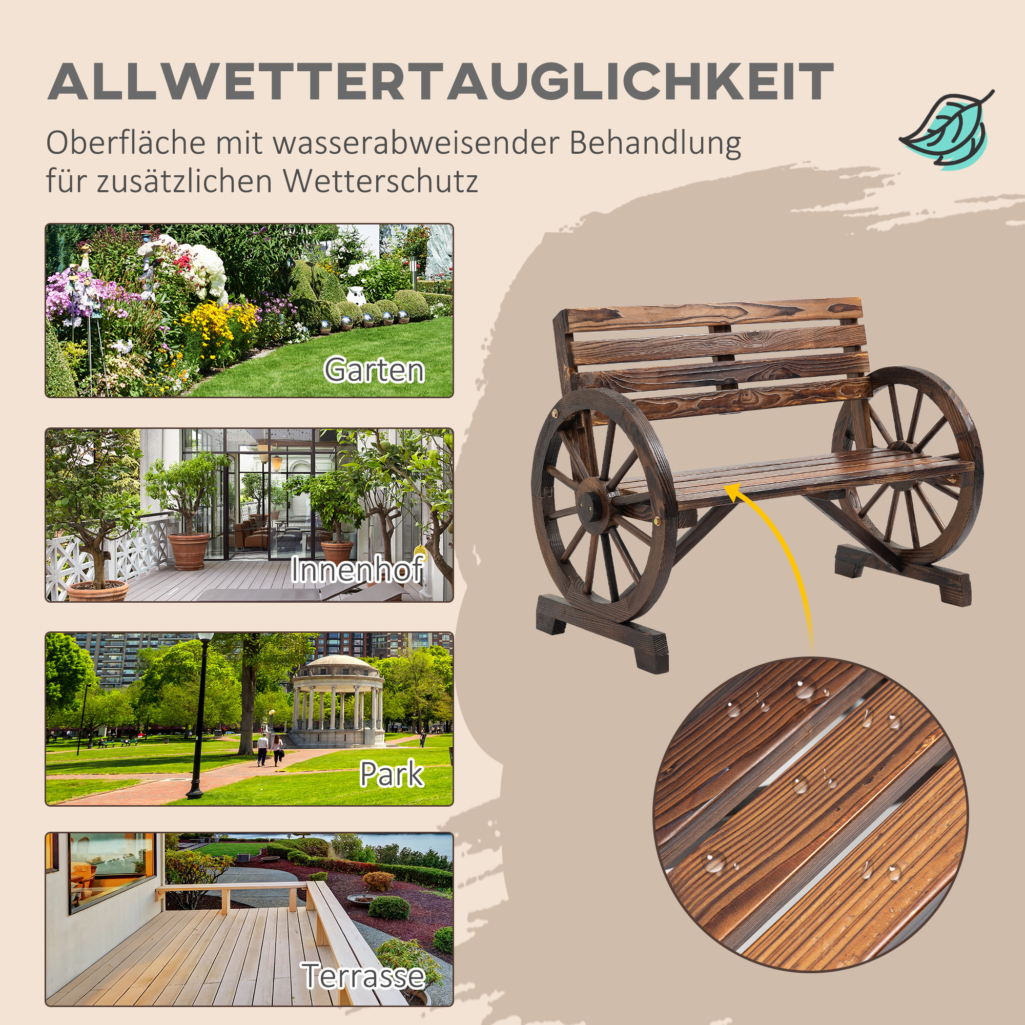 Holzbank mit Rädern, für Garten, Innenhof, Park & Terrasse.