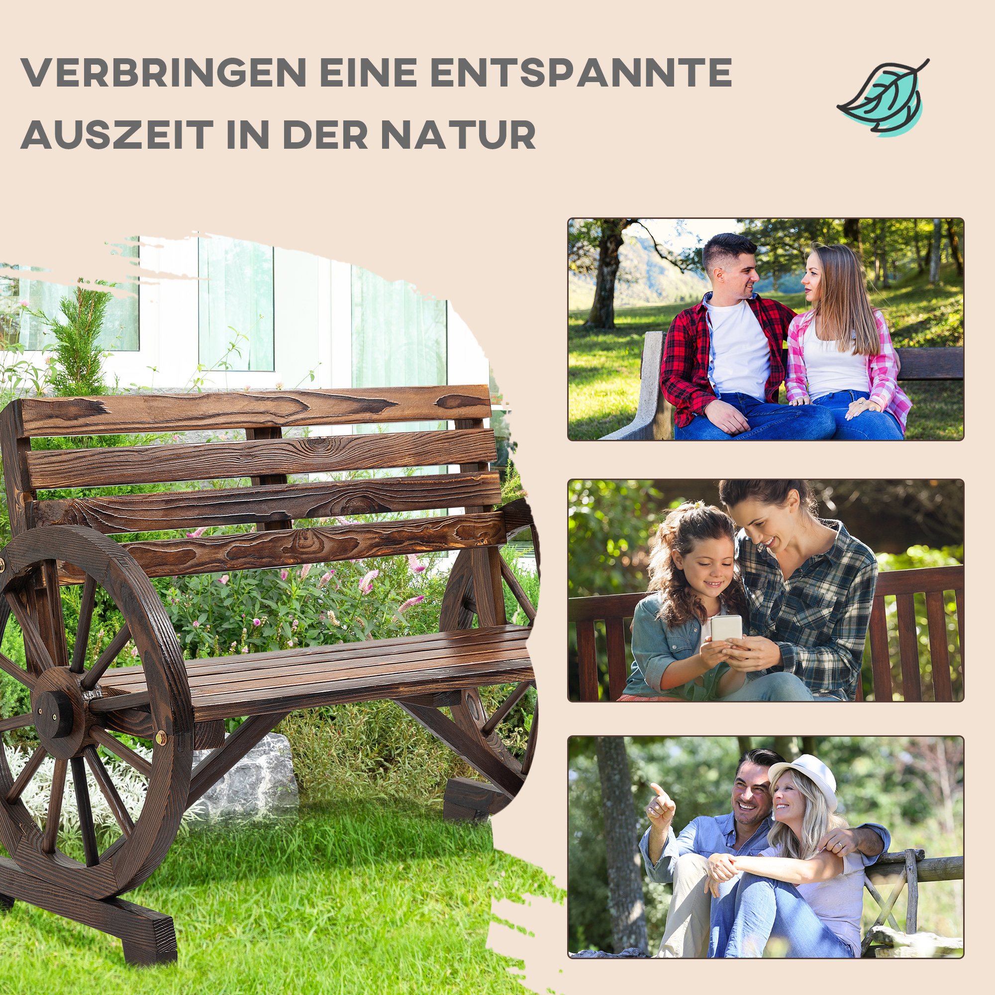 Holzbank mit Rädern, zwei Paare und Mutter mit Kind auf Bänken.