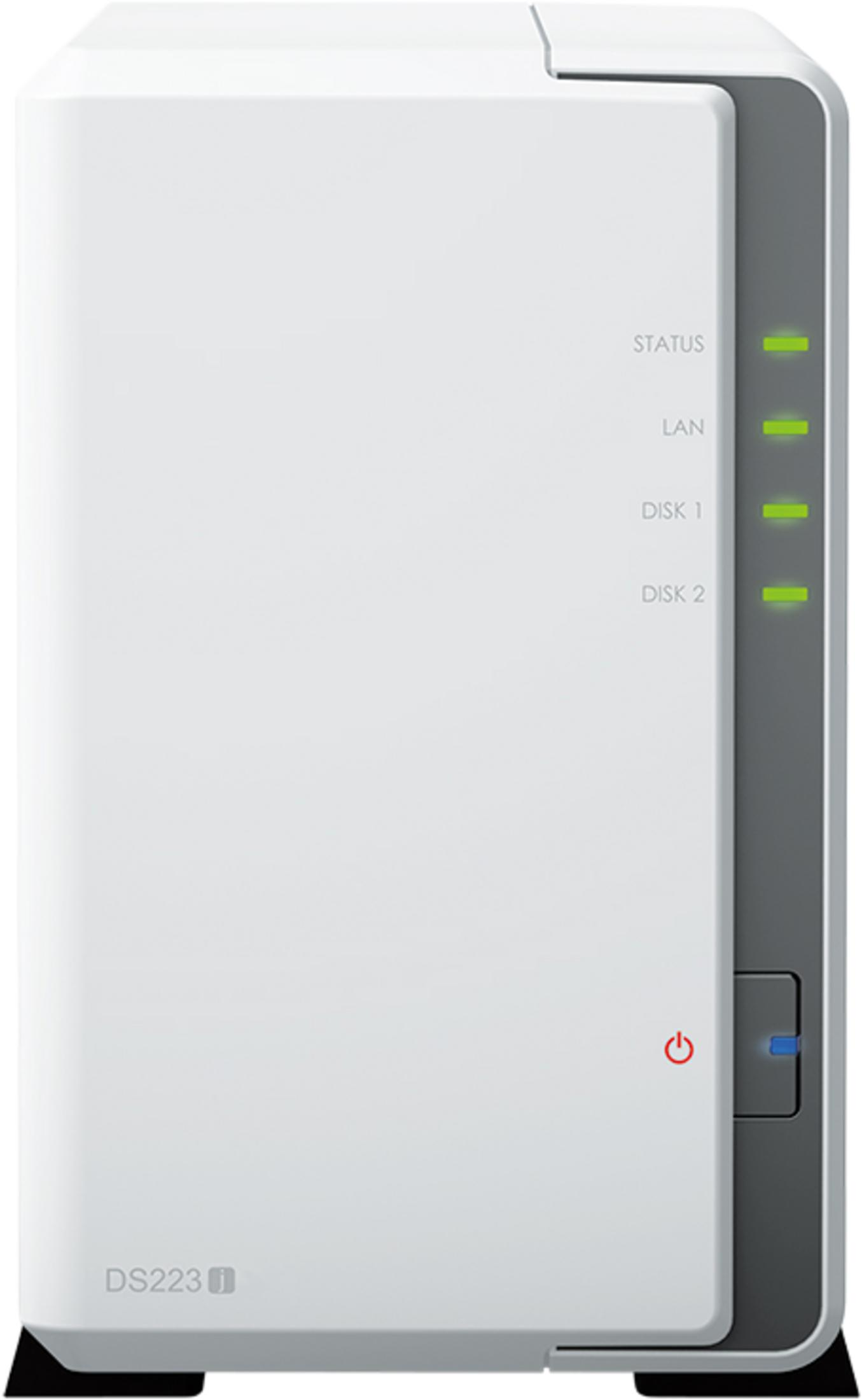 Ein weißer NAS-Server mit grünen Statusleuchten und einem Power-Button.