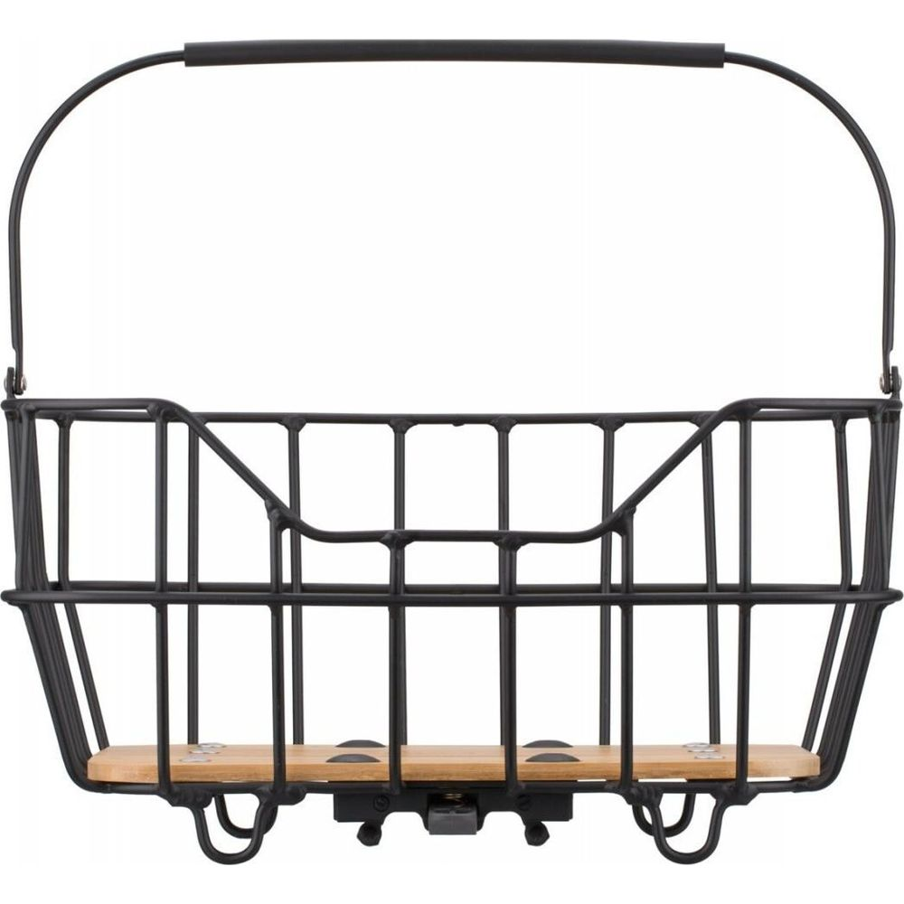 Un panier de vélo noir avec une base en bois et une poignée, sur fond blanc.