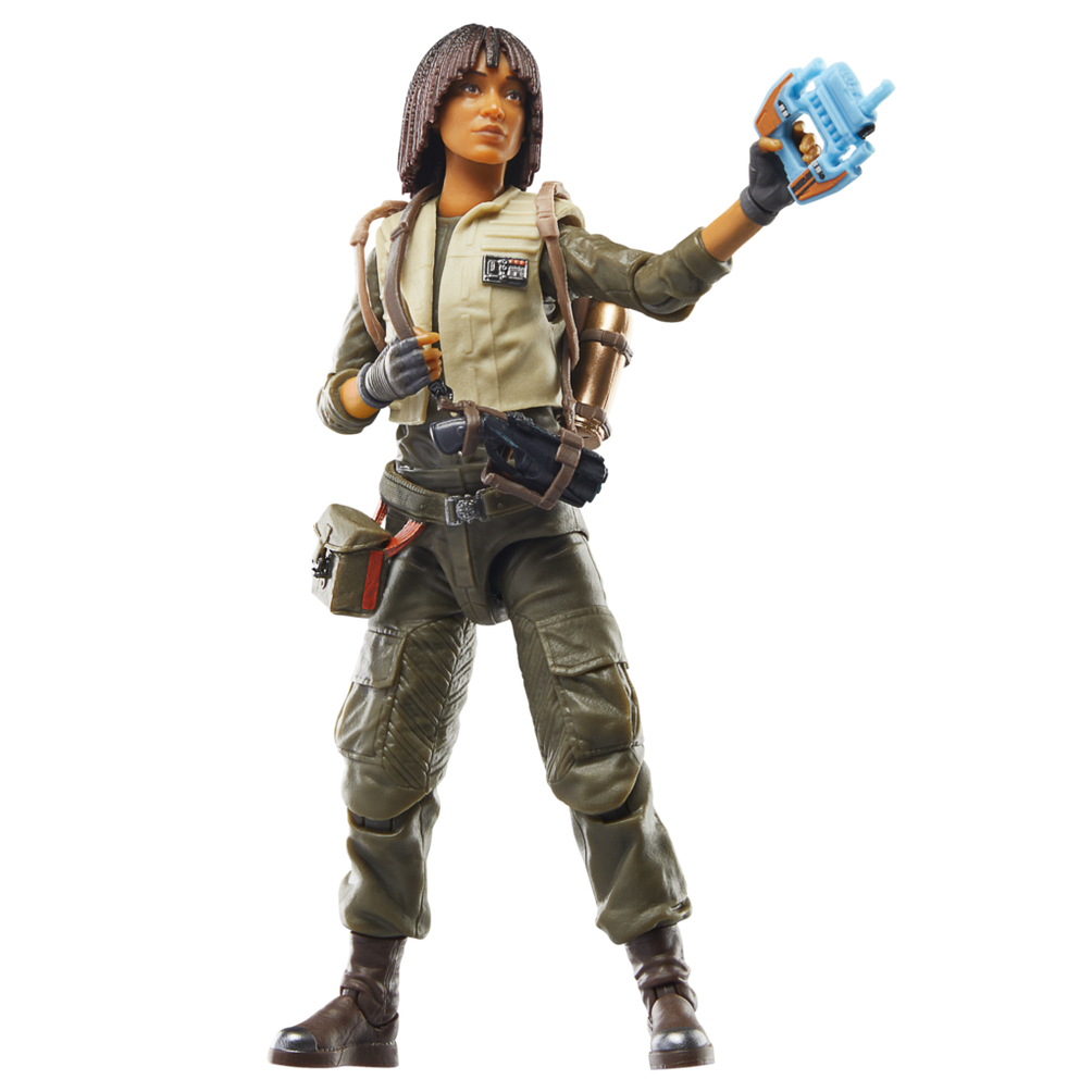 Action figure di una donna in uniforme con blaster, equipaggiamento dettagliato.
