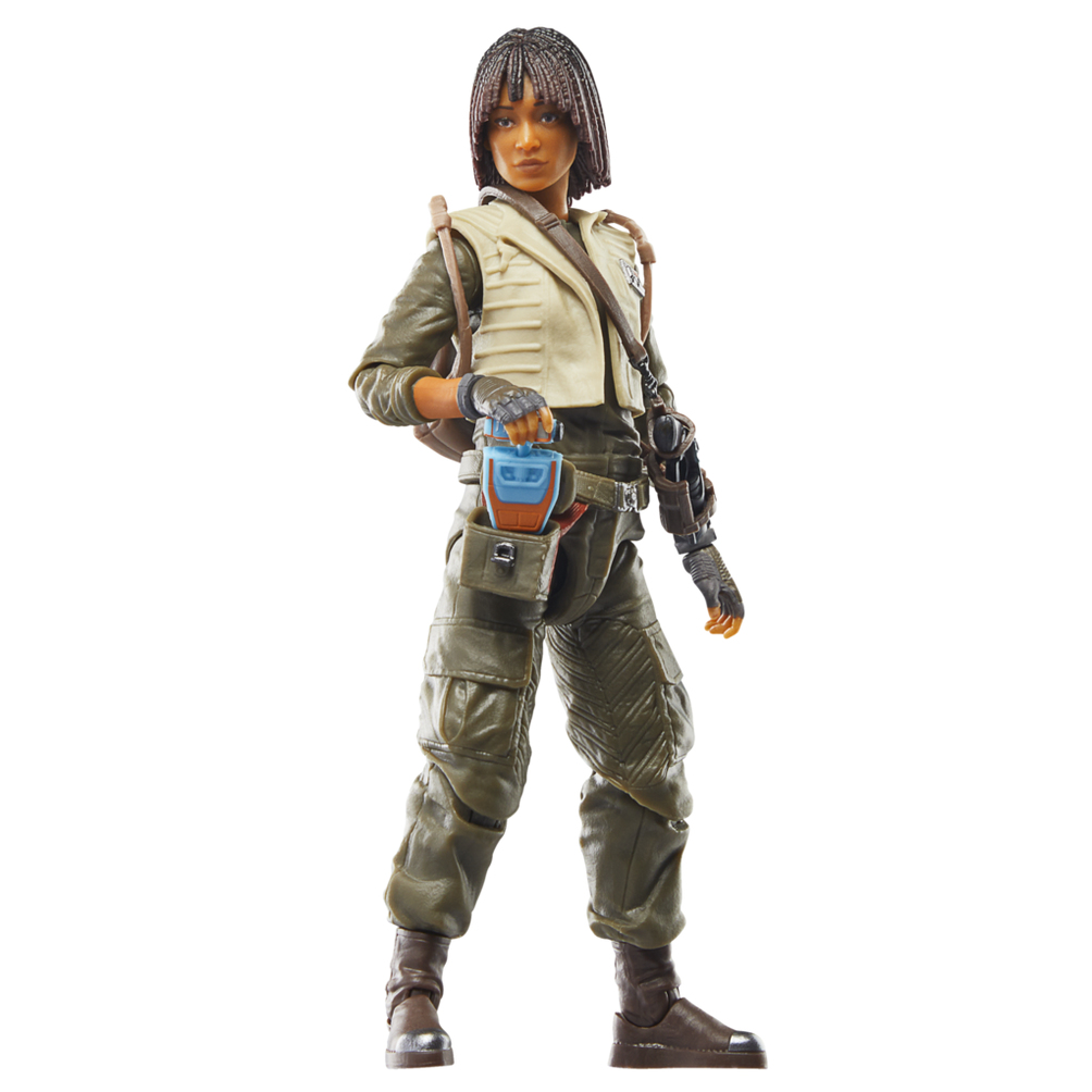 Un action figure di donna con capelli corti, in uniforme con zaino.