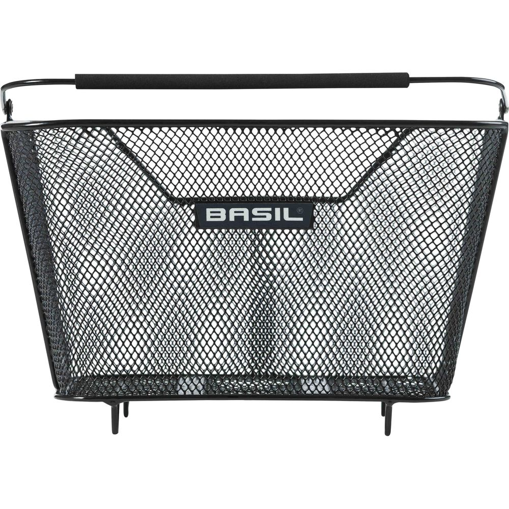 Panier de vélo noir en grillage avec logo BASIL.