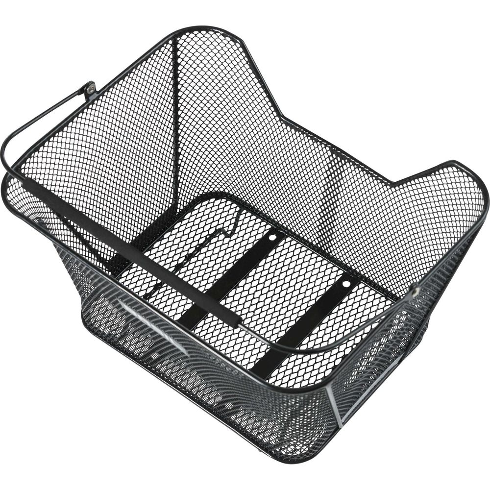 Un panier en fil de fer noir avec une poignée, sur fond blanc.