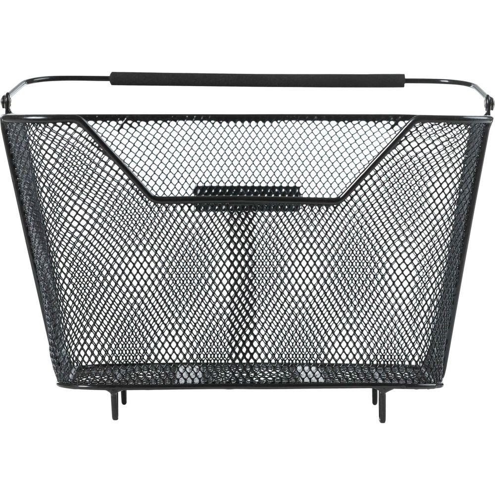 Un panier en fil de fer noir avec poignées et supports, sur fond blanc.