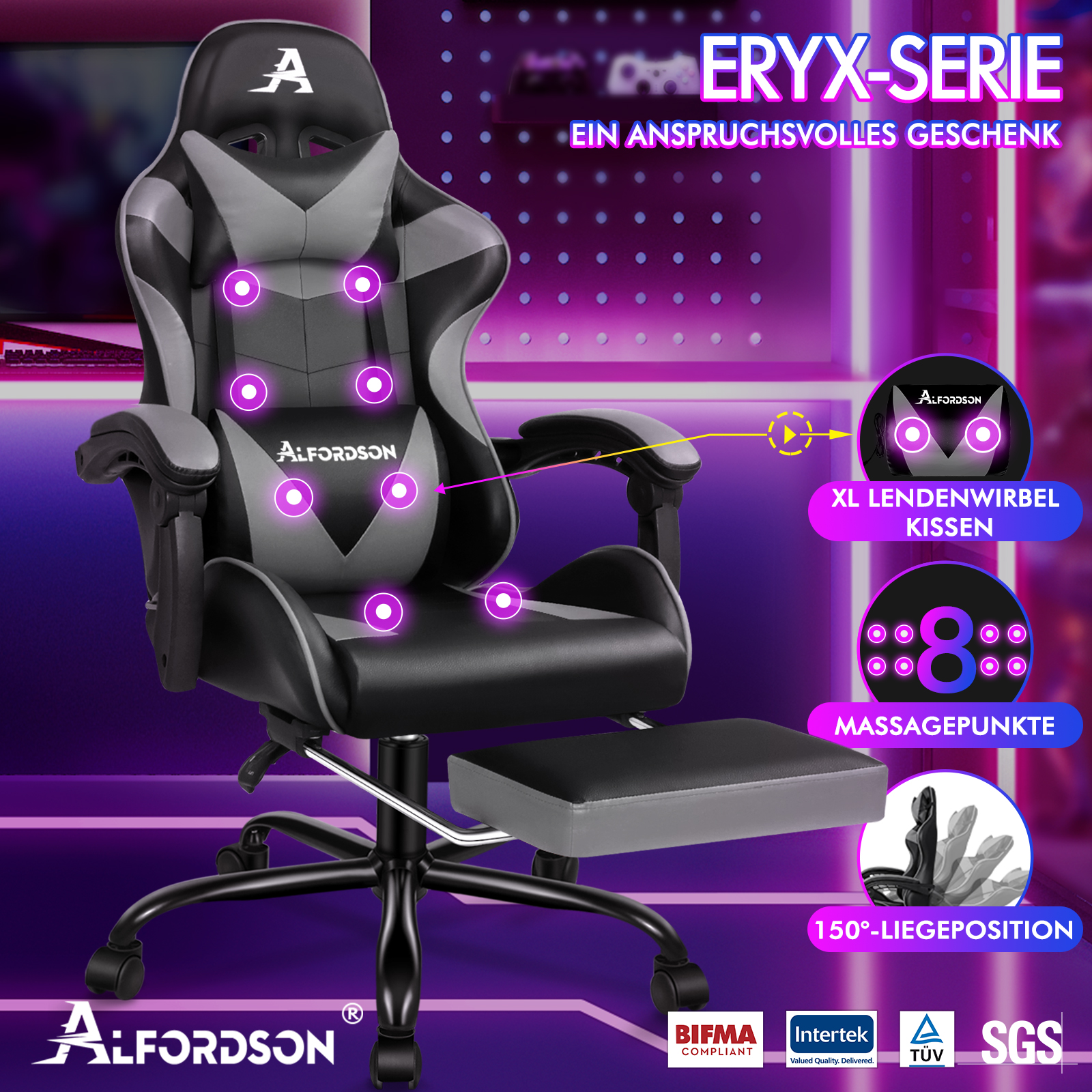 Silla gamer negra con soporte lumbar ajustable, reposapiés y puntos de masaje.