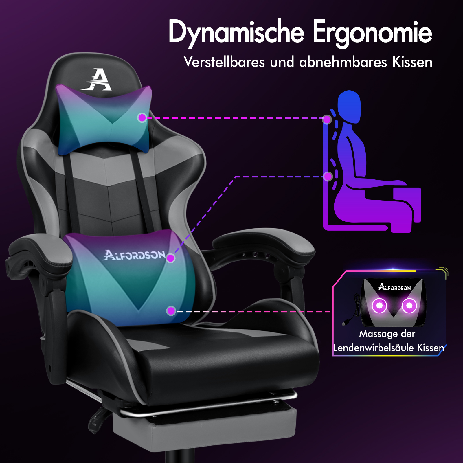 Silla ergonómica con almohadas de cabeza y lumbares. Gráficos muestran postura y masaje.