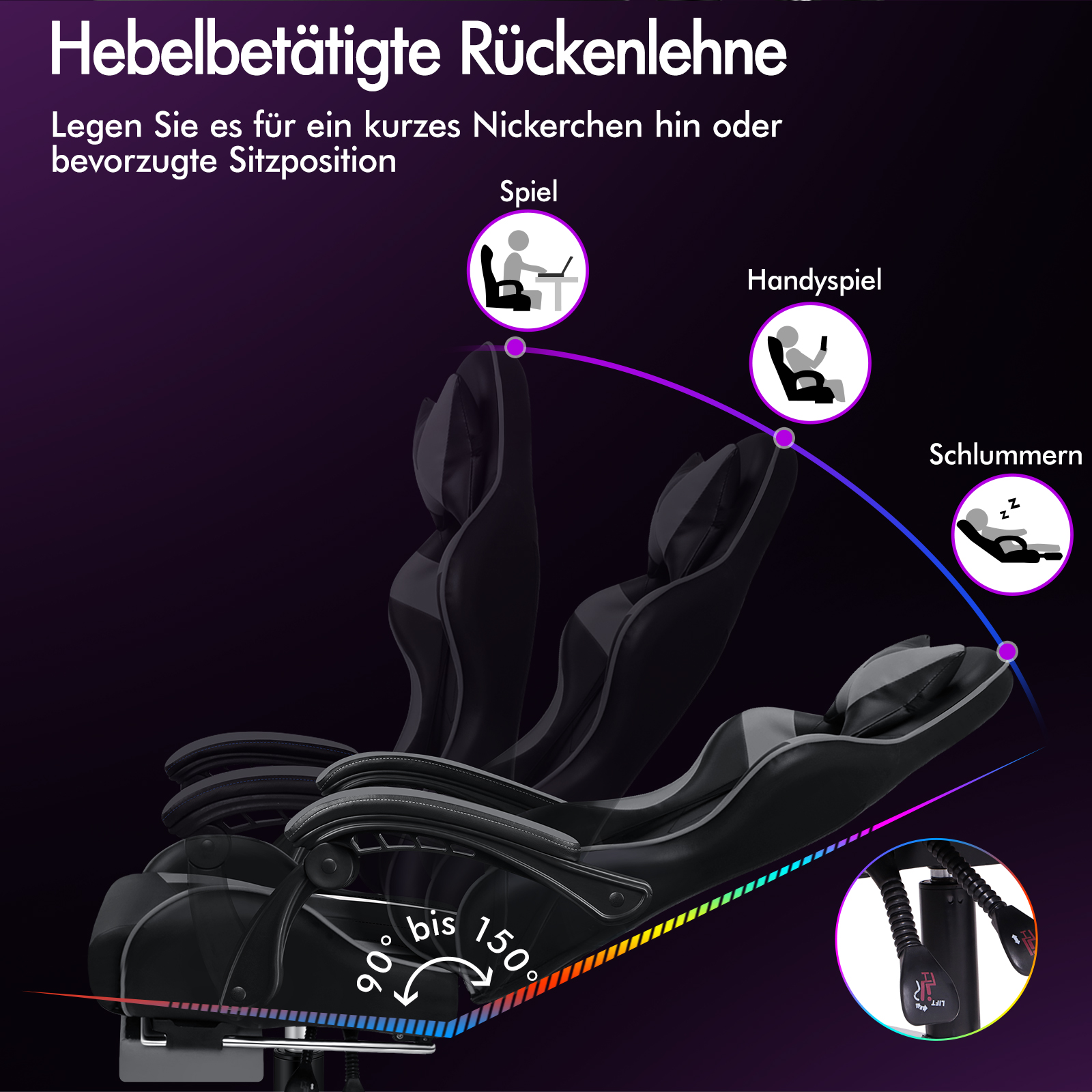Una silla gamer negra con respaldo ajustable que se reclina de 90 a 150 grados.