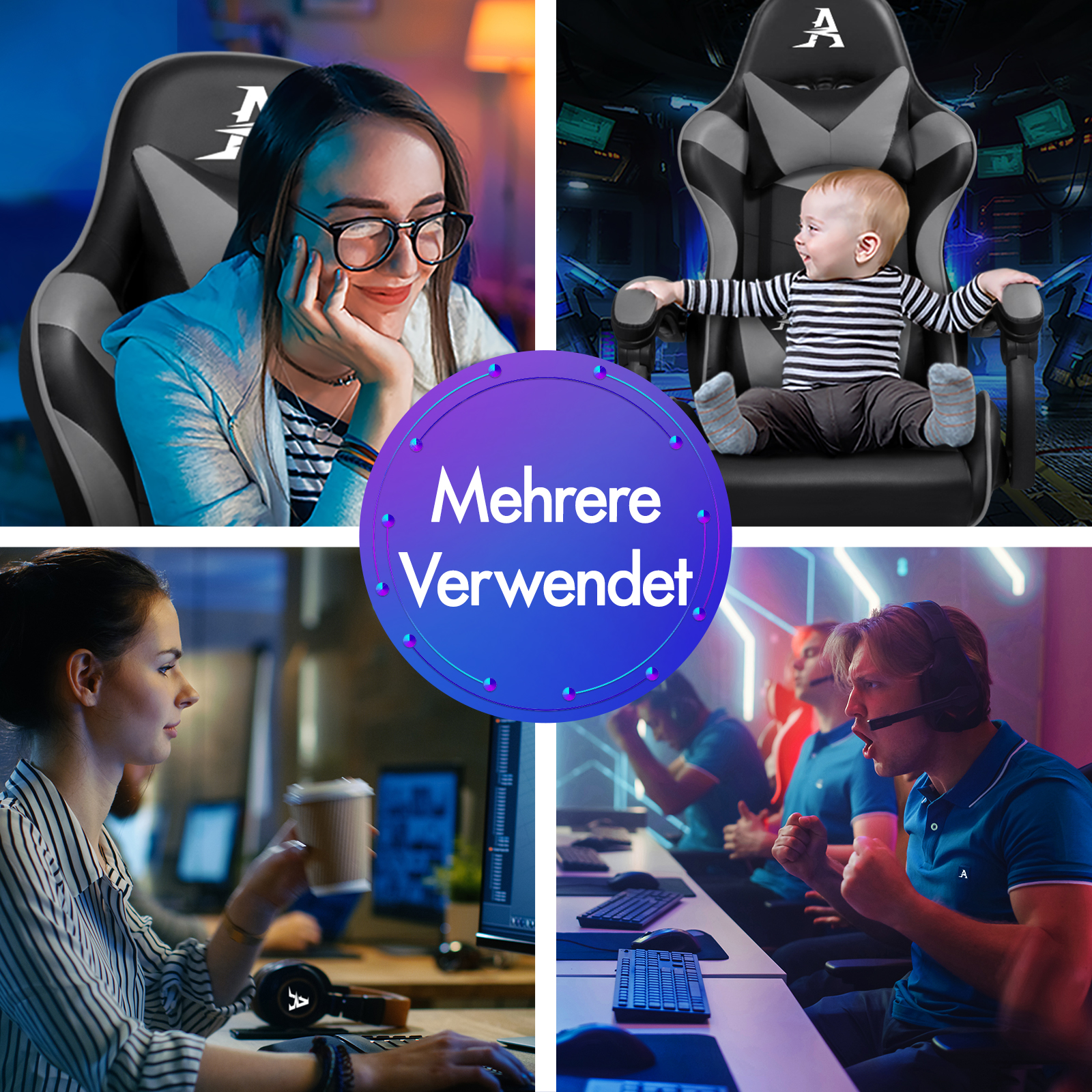 Collage von Personen, die Gaming-Stühle benutzen: Frau mit Brille, Baby, Gamer.