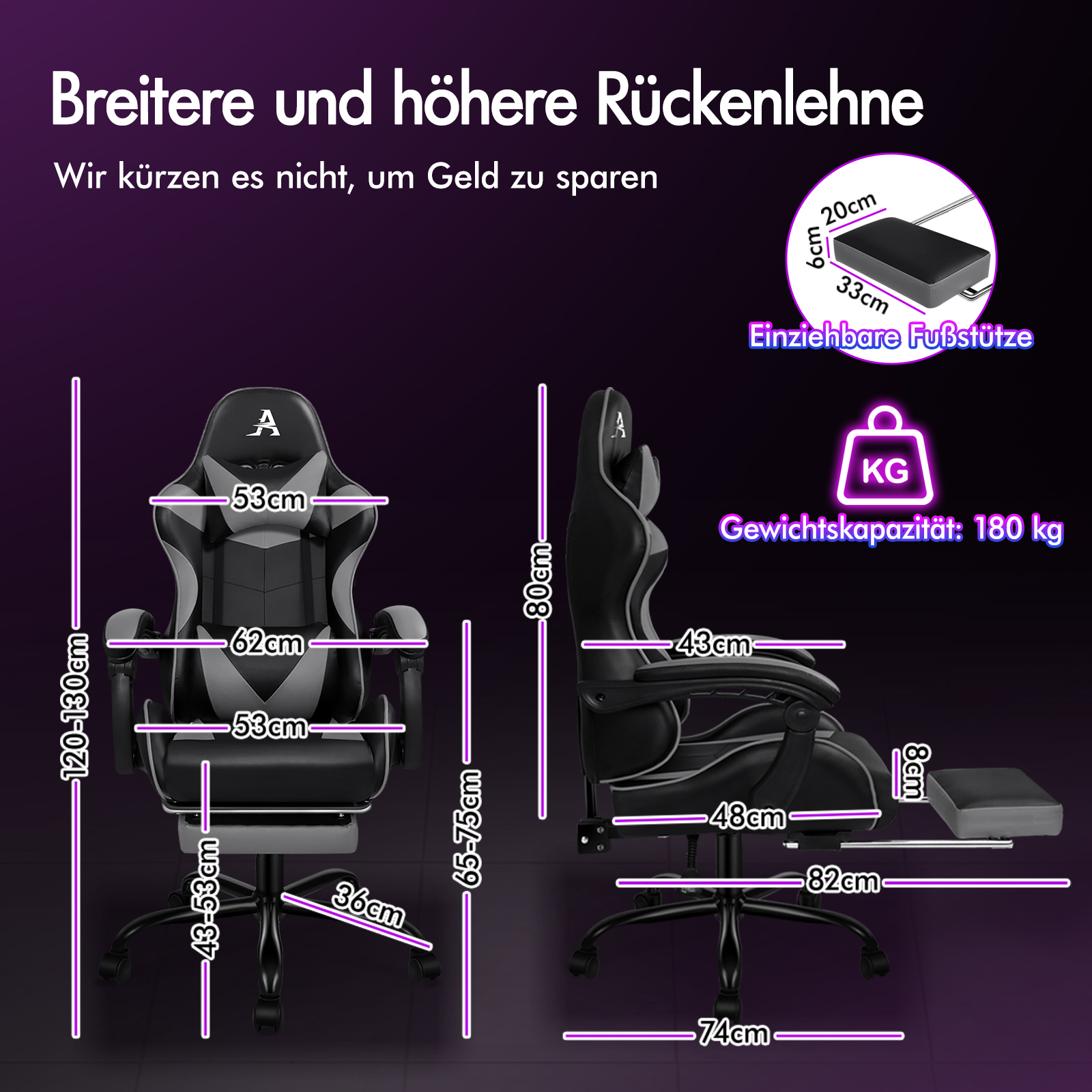 Una silla gamer negra y gris con dimensiones y reposapiés retráctil.