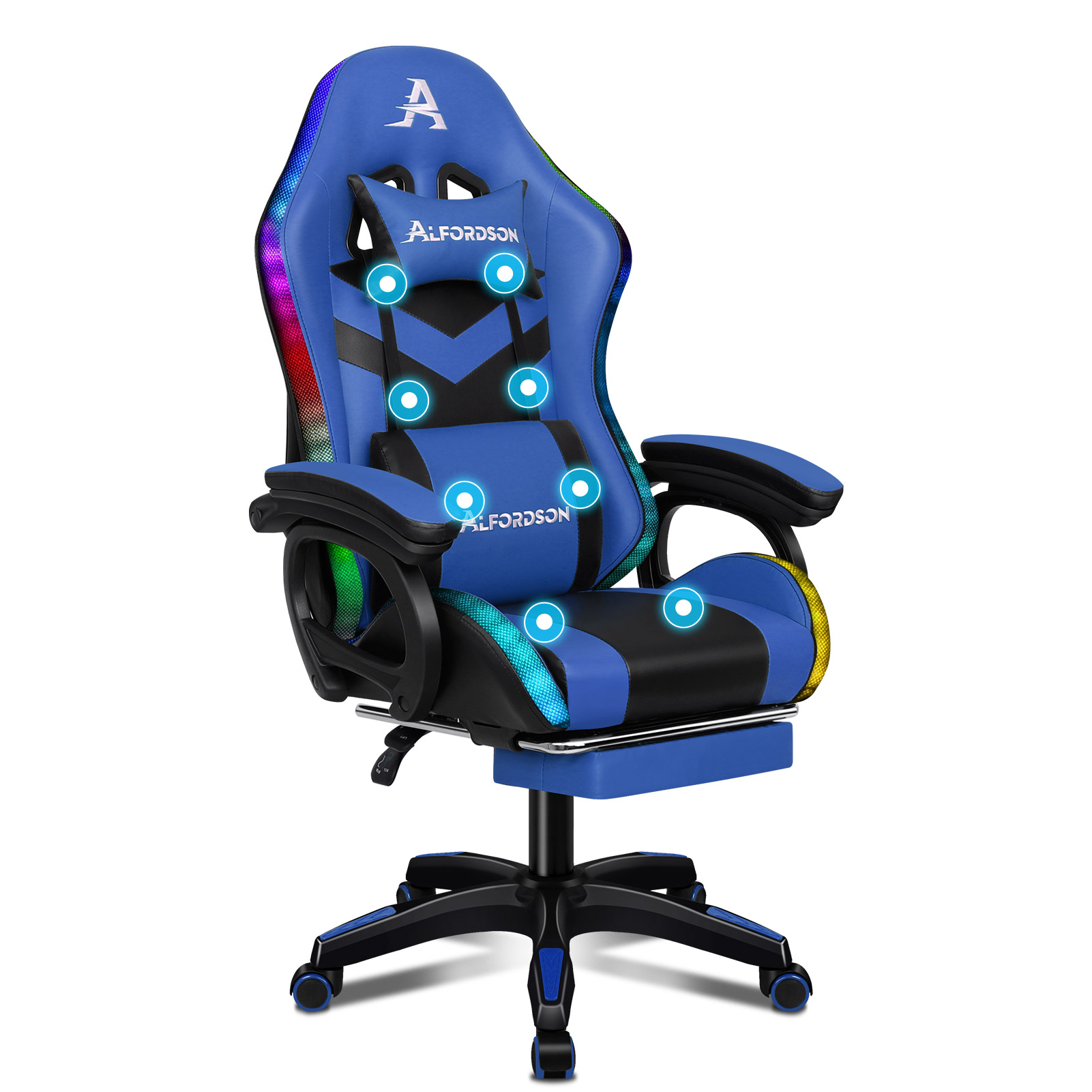 Ein blauer Gaming-Stuhl mit RGB-Beleuchtung, Nackenkissen und Fußstütze.