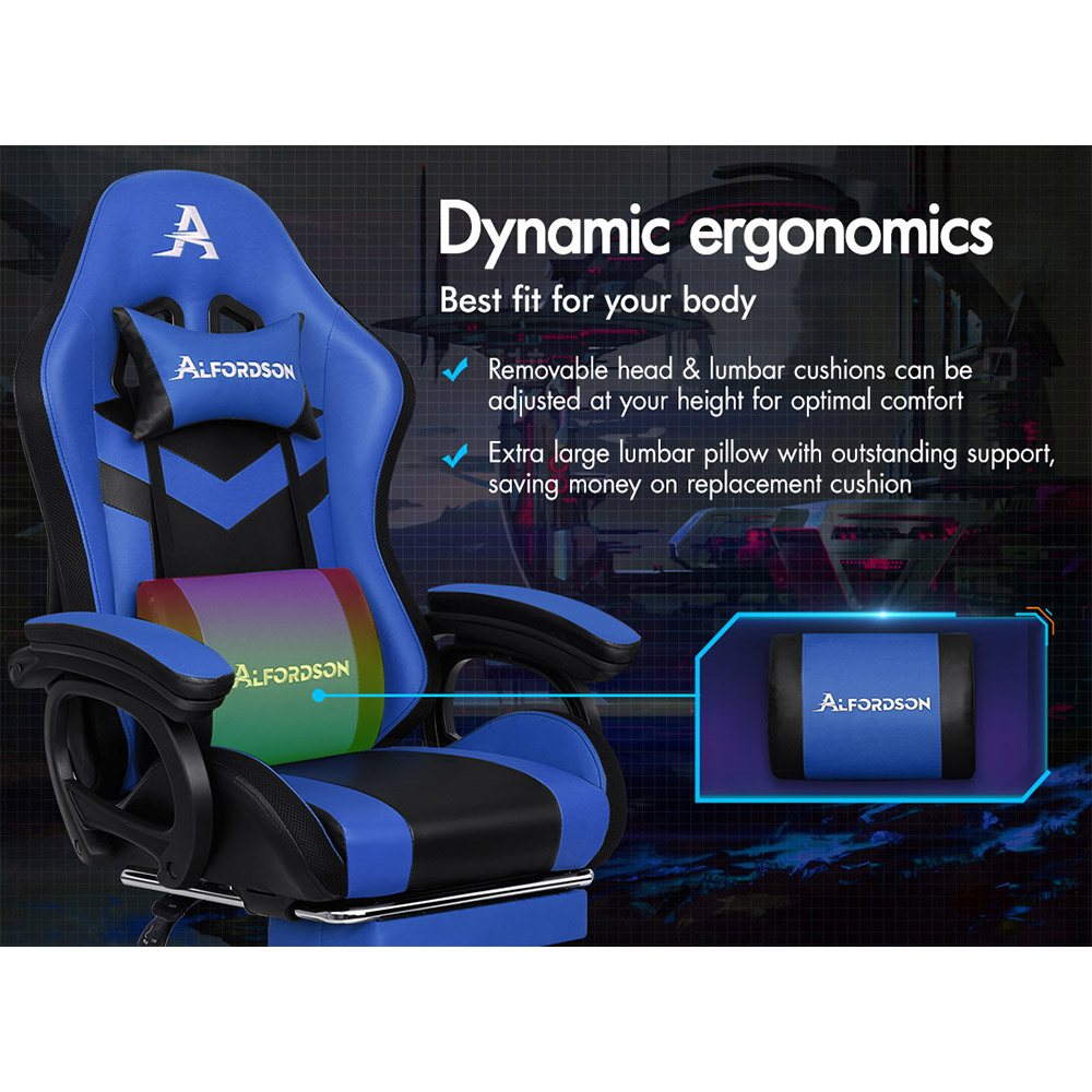 Ein blauer und schwarzer Gaming-Stuhl mit verstellbaren Kissen und dem Logo "ALFORDSON".