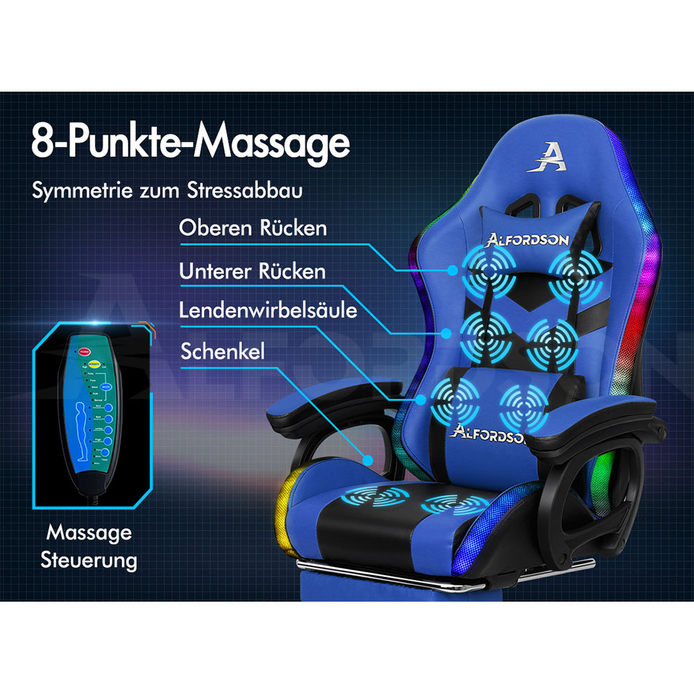 Blauer Massagesessel mit 8 Punkten, Fernbedienung und LED-Beleuchtung.