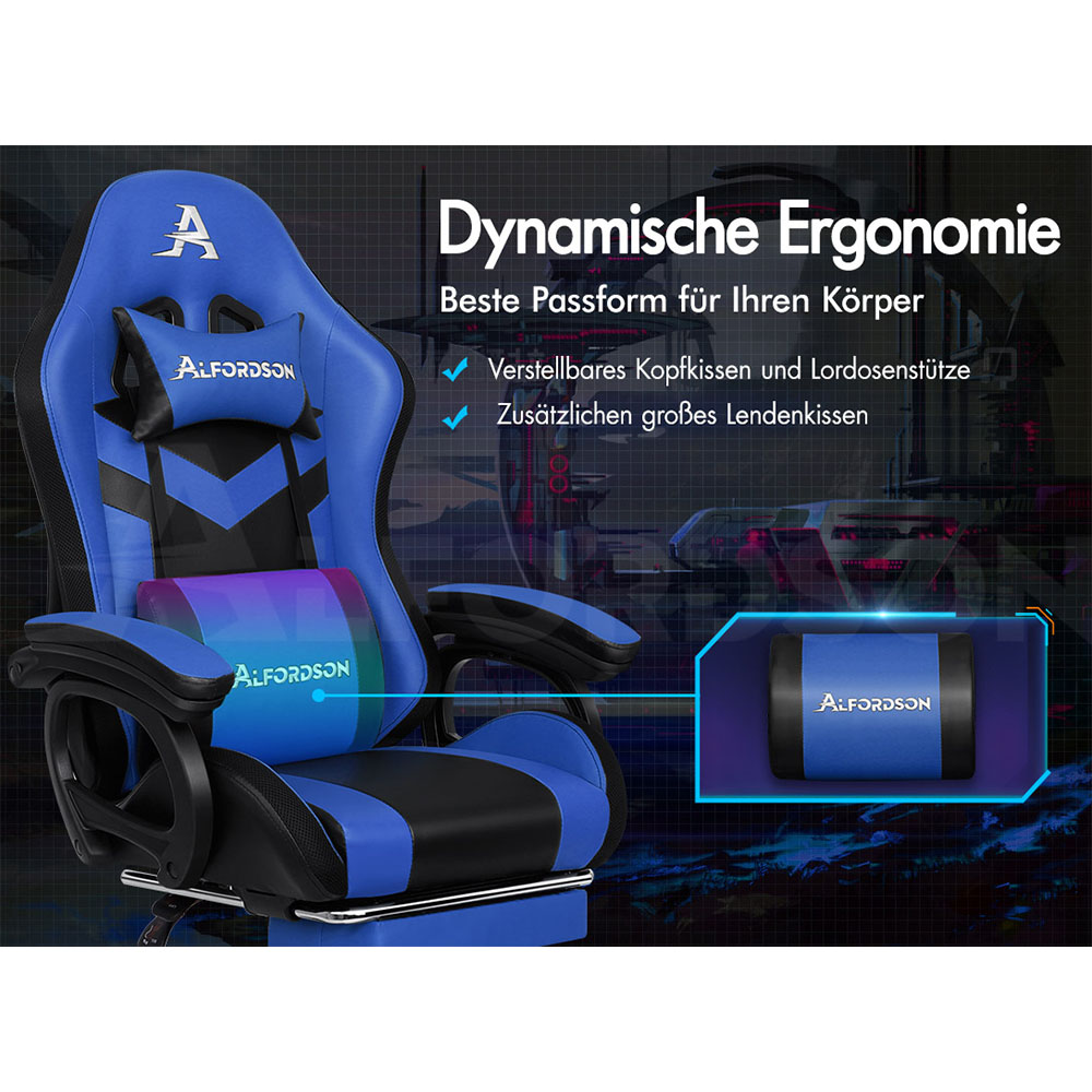 Ein blauer und schwarzer Gaming-Stuhl mit verstellbaren Kissen und dem Logo.