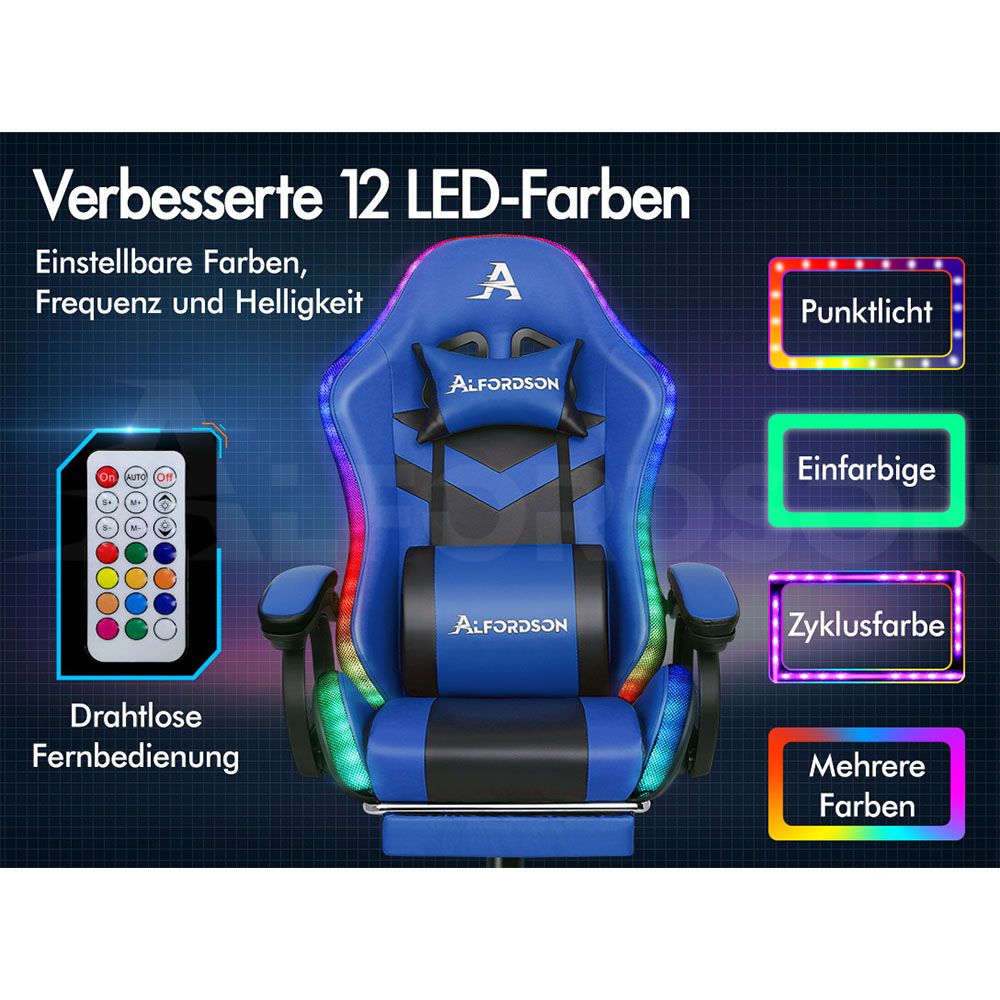 Blauer Gamingstuhl mit RGB-Beleuchtung, Fernbedienung und verschiedenen Farboptionen.