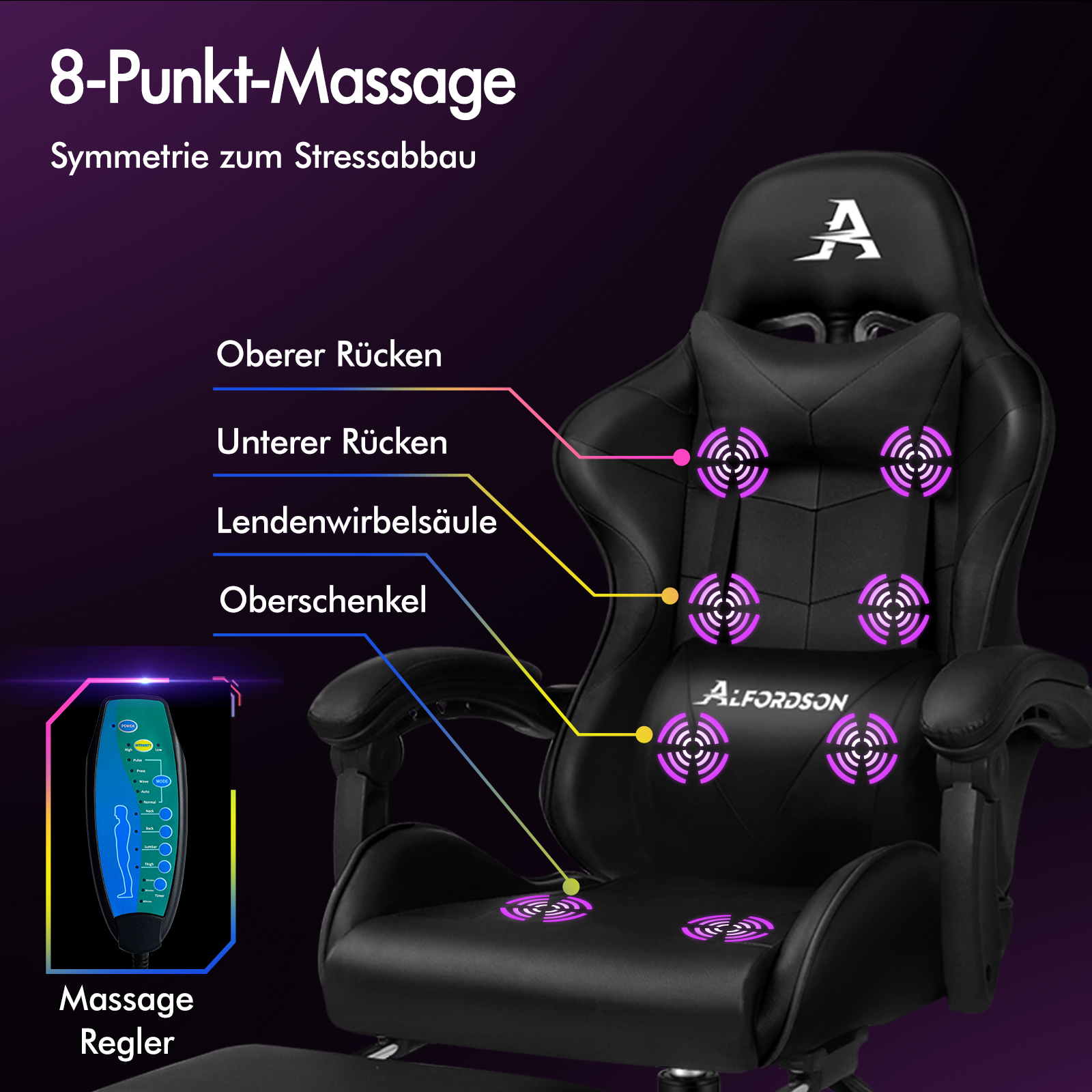 Schwarzer Massagestuhl mit 8 Vibrationspunkten, Steuereinheit und Text.