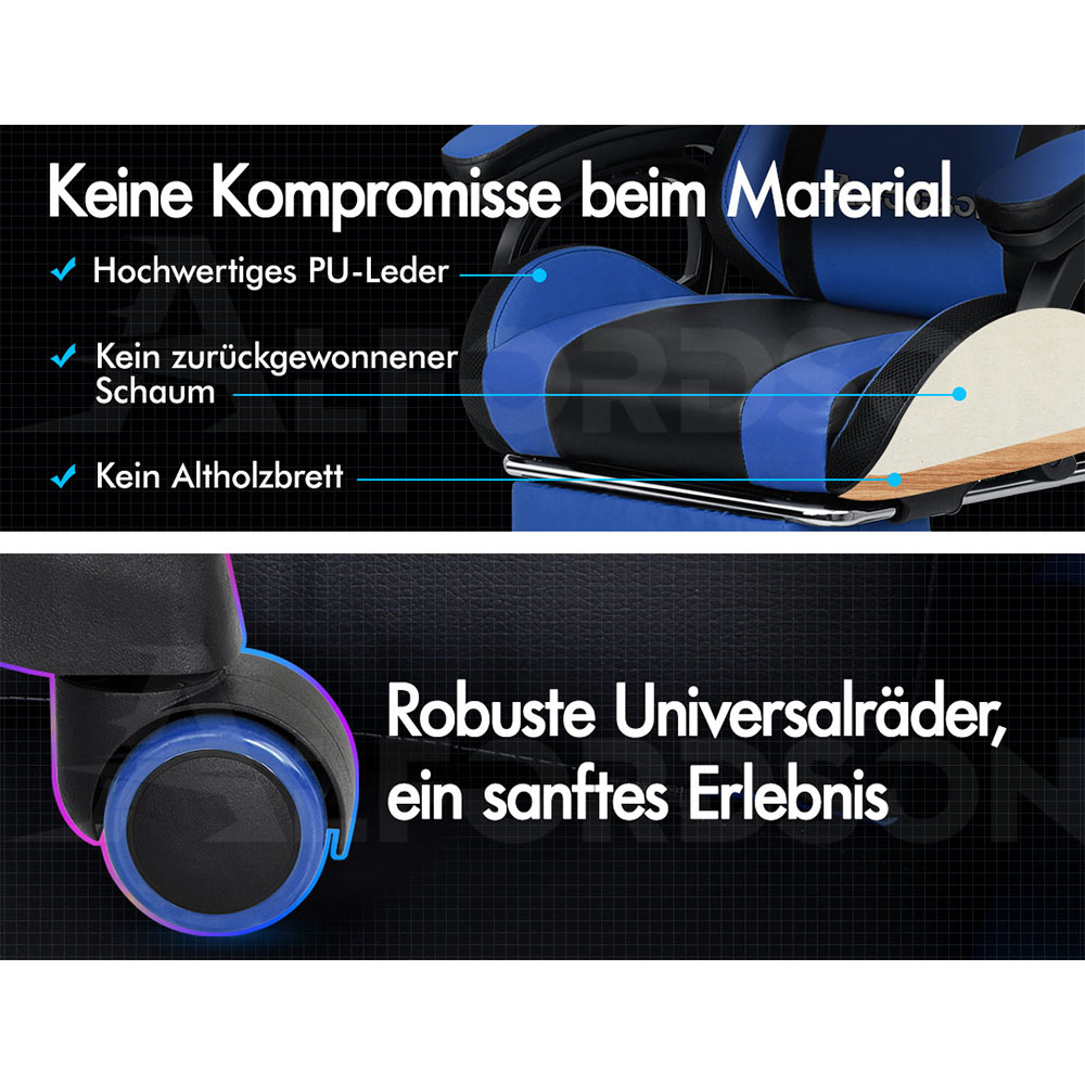 Blauer Gamingstuhl mit PU-Leder und Schaumstoff. Unten: Rad mit blauer Beleuchtung.