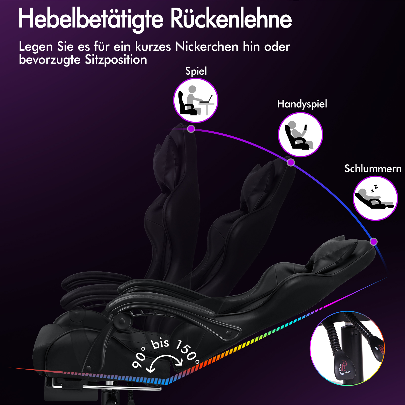 Schwarzer Massagesessel mit verstellbarer Rückenlehne, Graphen für verschiedene Positionen.