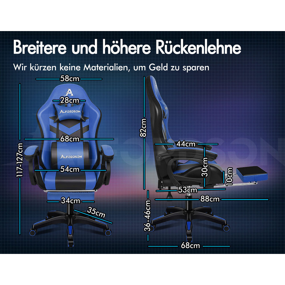 Blauer Gaming-Stuhl mit Maßen, verstellbare Rückenlehne, Fußstütze.