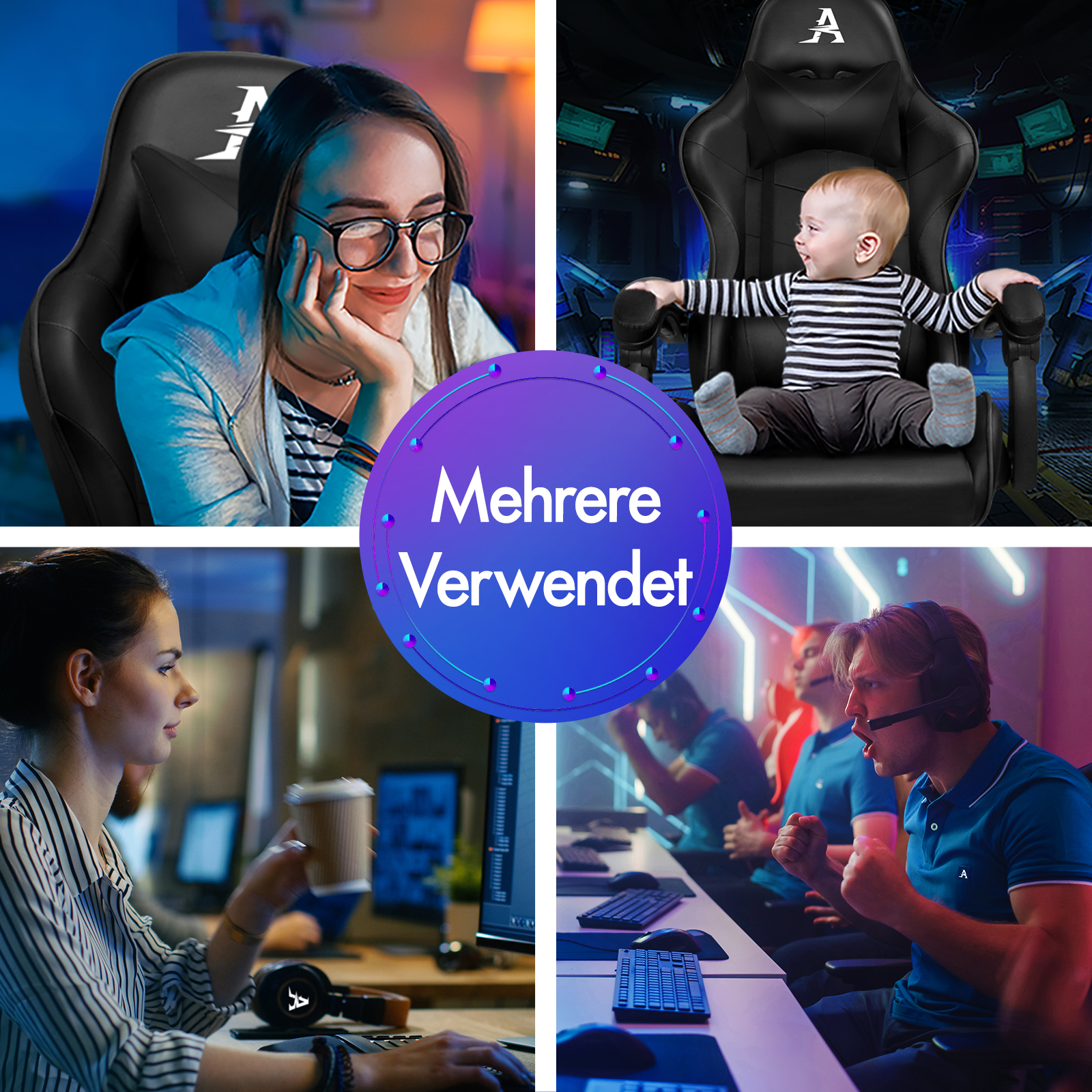 Vier Szenen: Frau im Gaming-Stuhl, Baby im Stuhl, Frau am PC, Gamer im Wettkampf.