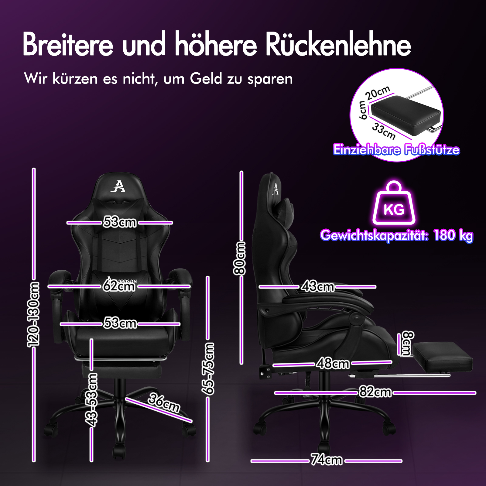 Schwarzer Gaming-Stuhl mit Maßen und ausziehbarer Fußstütze.
